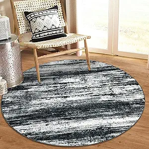 KOZYFLY Modern Abstract Round Area Rug 3Ft, Washable Kitchen Rug Non-Slip Soft Small Bathroom Circle Rug, Black Navy Blue Grey Striped Entryway Rugs Faux Wool Doormat for Bedside Entrance Sink