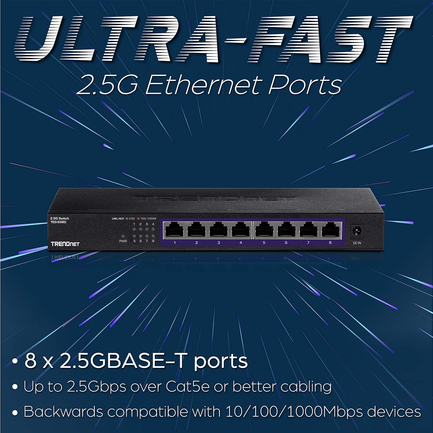 TRENDnet 8-Port Unmanaged 2.5G Switch, 8 x 2.5GBASE-T Ports, 40Gbps Switching Capacity, Backwards Compatible with 10-100-1000Mbps Devices, Fanless, Wall Mountable, Black, TEG-S380 : Electronics