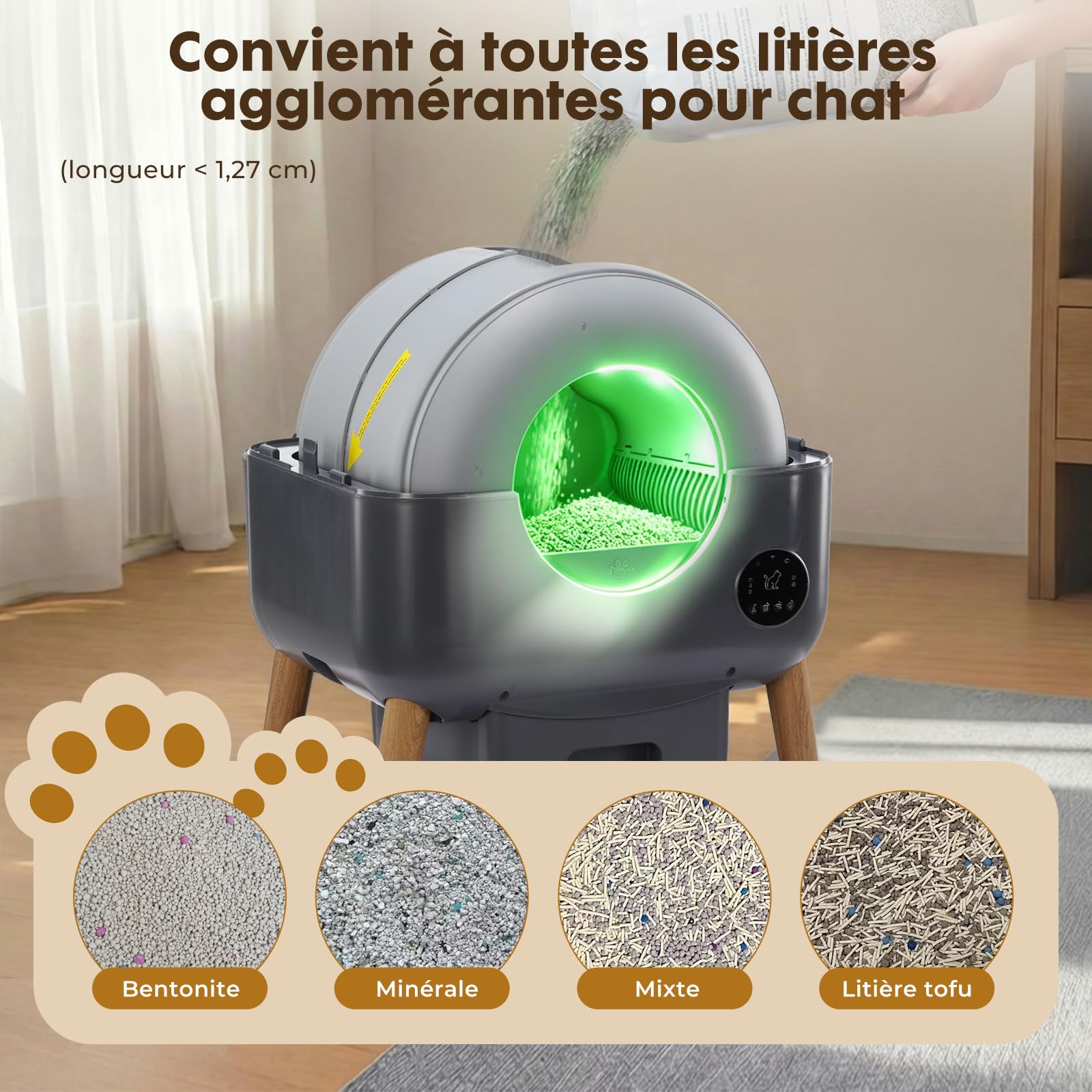 GTPLAYER Litiere Chat Autonettoyante 66L, Litière Automatique avec Contrôle APP, Anti‑Pincement, Éclairage LED 6 Couleurs, Bac Litiere pour Chat Inclus Tapis & Déodorant, pour Plusieurs Chats, Gris