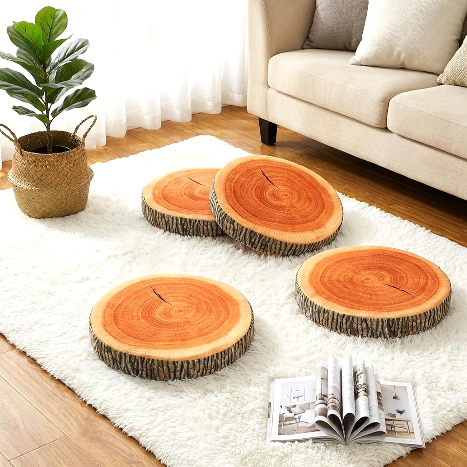 2PCS Round Throw Pillow Wood Decorative Funny Cute Wood Pillow Floor Sitting Cushion Natural Wood Circle Cushion 3D Digital Printing Forest Decor for Bedroom Living Room, 14 x 2.6 Inch
