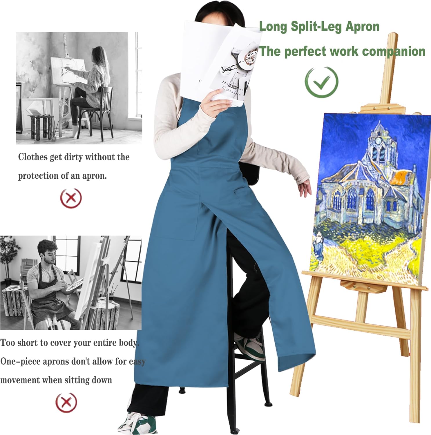 Pottery Split-Leg Make Ceramic Apron, Long Split-Leg Artist Painting Apron with 3 Pockets for Men and Women - Image 3