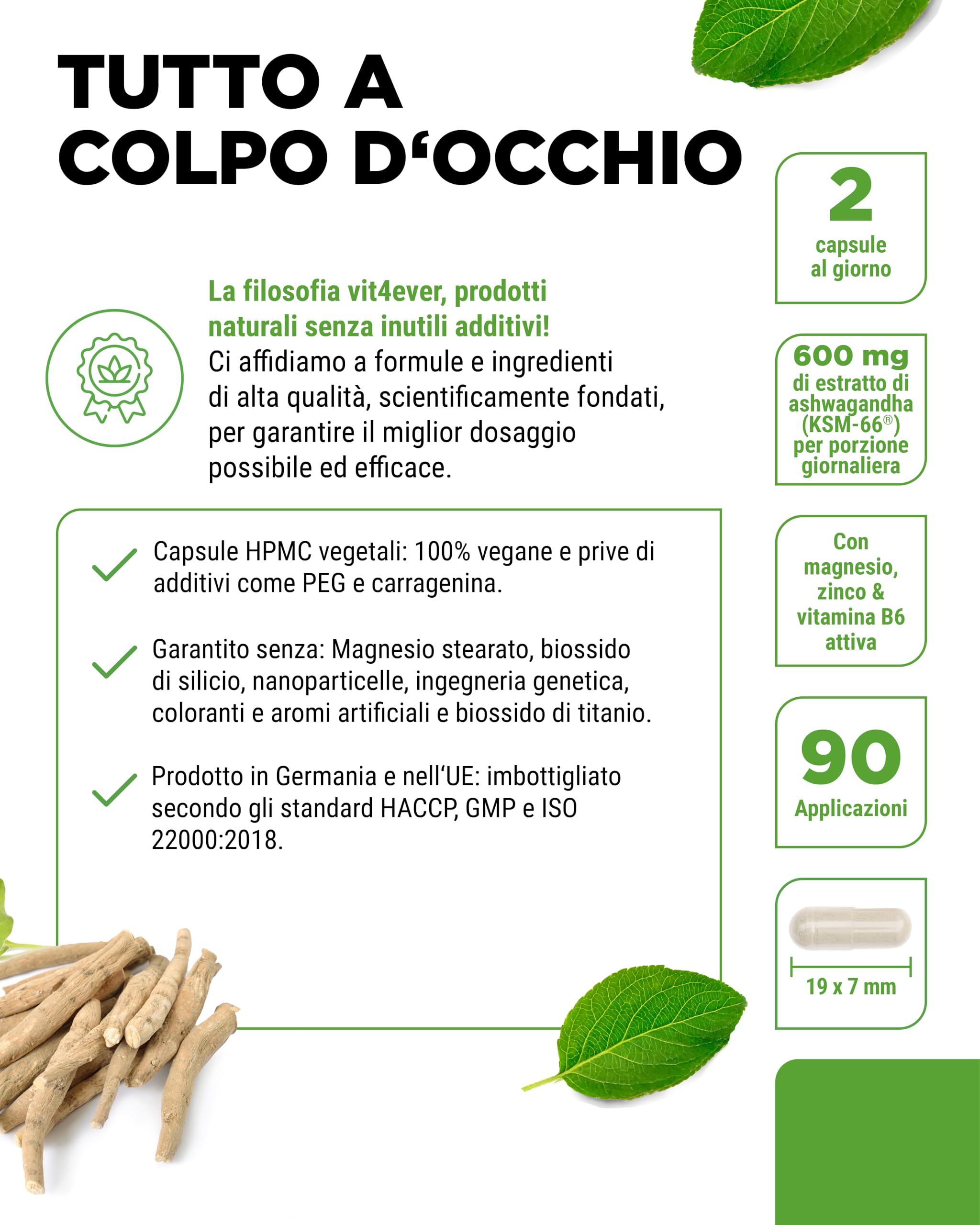 Complesso di Ashwagandha KSM-66® - 180 capsule - 600 mg di ashwagandha al giorno - Con magnesio, zinco e vitamina B6 - Senza additivi - Altamente dosato - Vegan