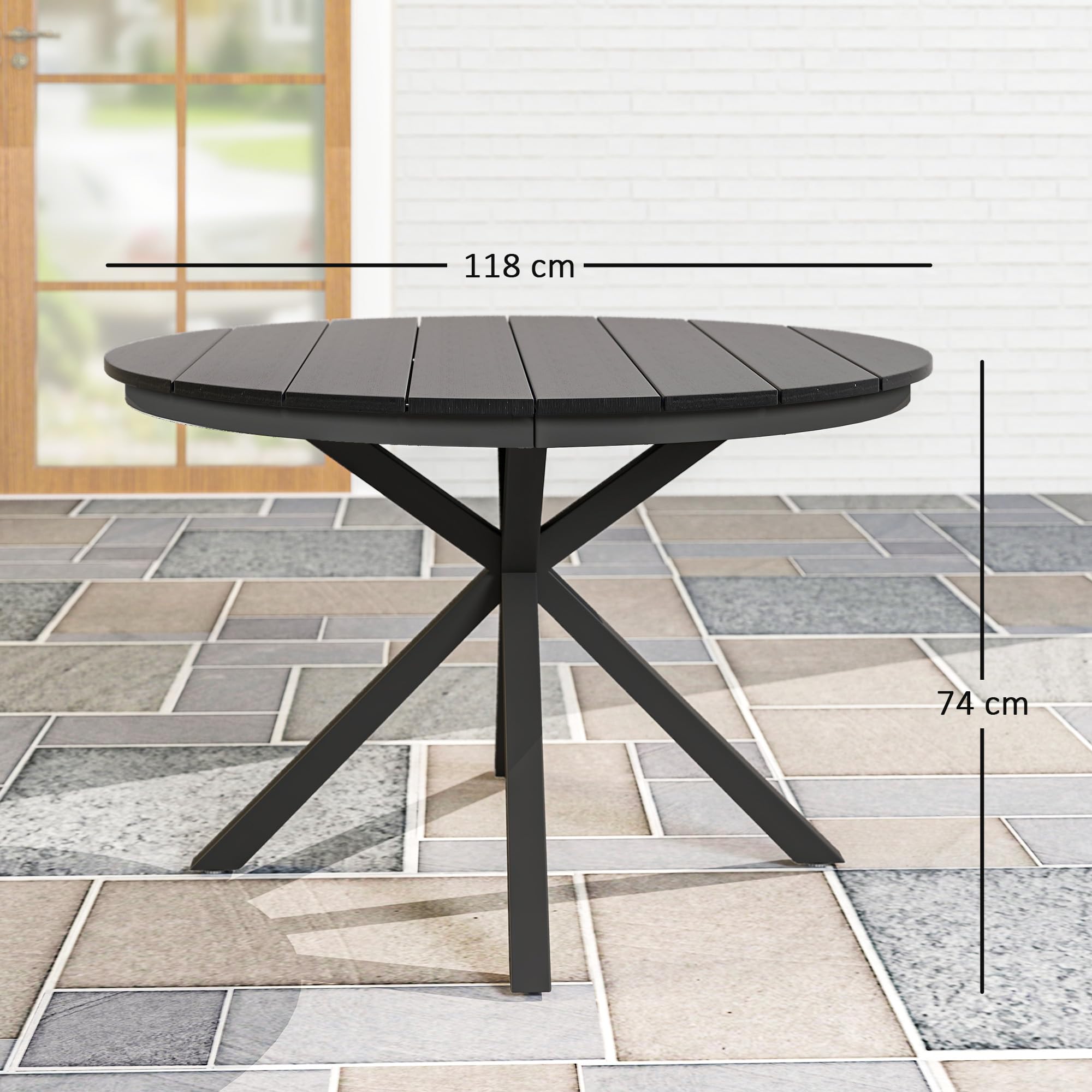 Outsunny Table à Manger de Jardin Ronde Ø 118 cm Aluminium Plateau Effet Bois Patins réglables Noir