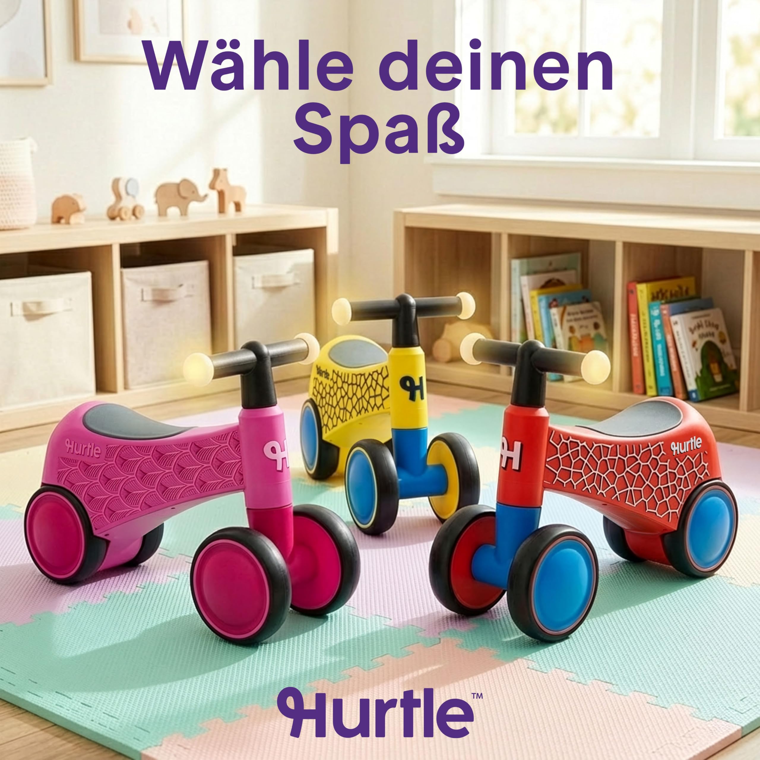 Hurtle Kleinkind Laufrad ab 1 Jahr, Lauflernrad mit LED-Lenker | 4 Räder, Balance Bike, Erstes Fahrrad, Stabiles Kleinkindlaufrad, Geschenk für Jungen und Mädchen