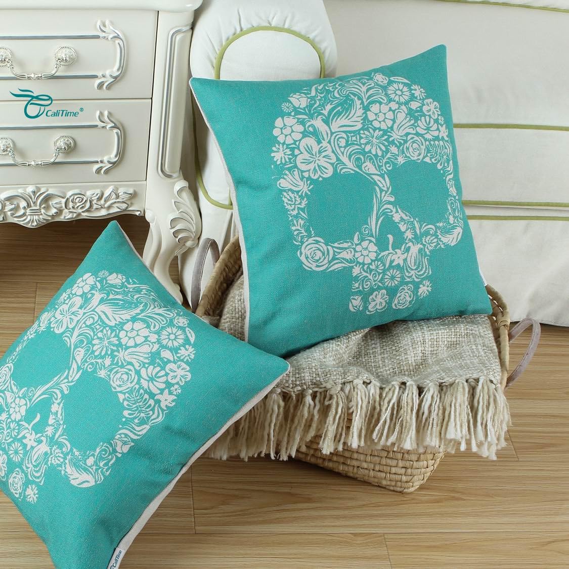 CaliTime Canvas Throw Pillow Case Shell for Couch Bed Home Decoration Halloween Floral Skull 18 X 18 Inches Teal