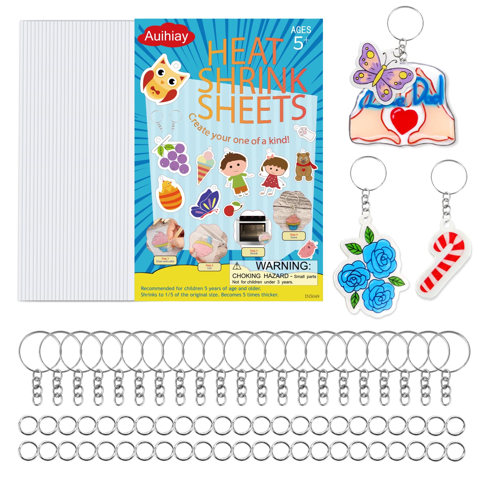 Auihiay 30PCS Shrink Plastic Craft Kit for Kids with 30 Keychains & 100 Jump Rings, Shrink Films Papers, Shrinky Art for Kids for Handprint Keychains, Mother's Day & Father's Day Gifts