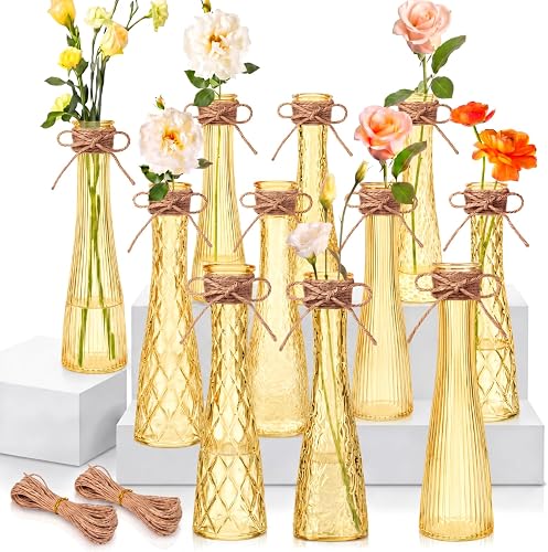 Glass Bud Vases for Centerpiece, Set of 12 Tall Yellow Flower Vases Bulk, 8.3" Embossed Assorted Glass Vase with Twine for Wedding Party Event Home Table Decor