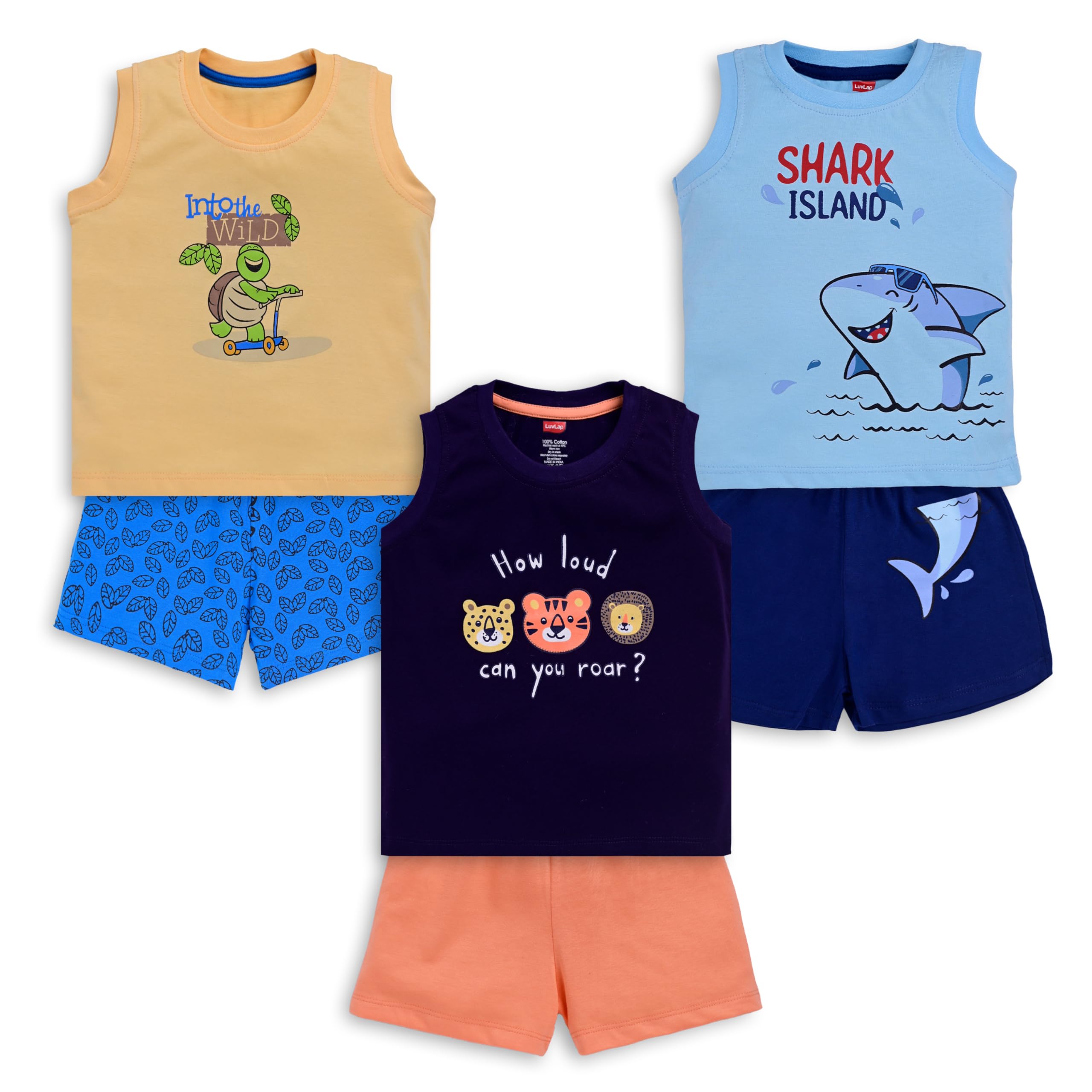 Baby Boys Pack Of 3 Sleeveless Printed Tank Top & Shorts Set 100% Cotton, L (6 to 12 Months)