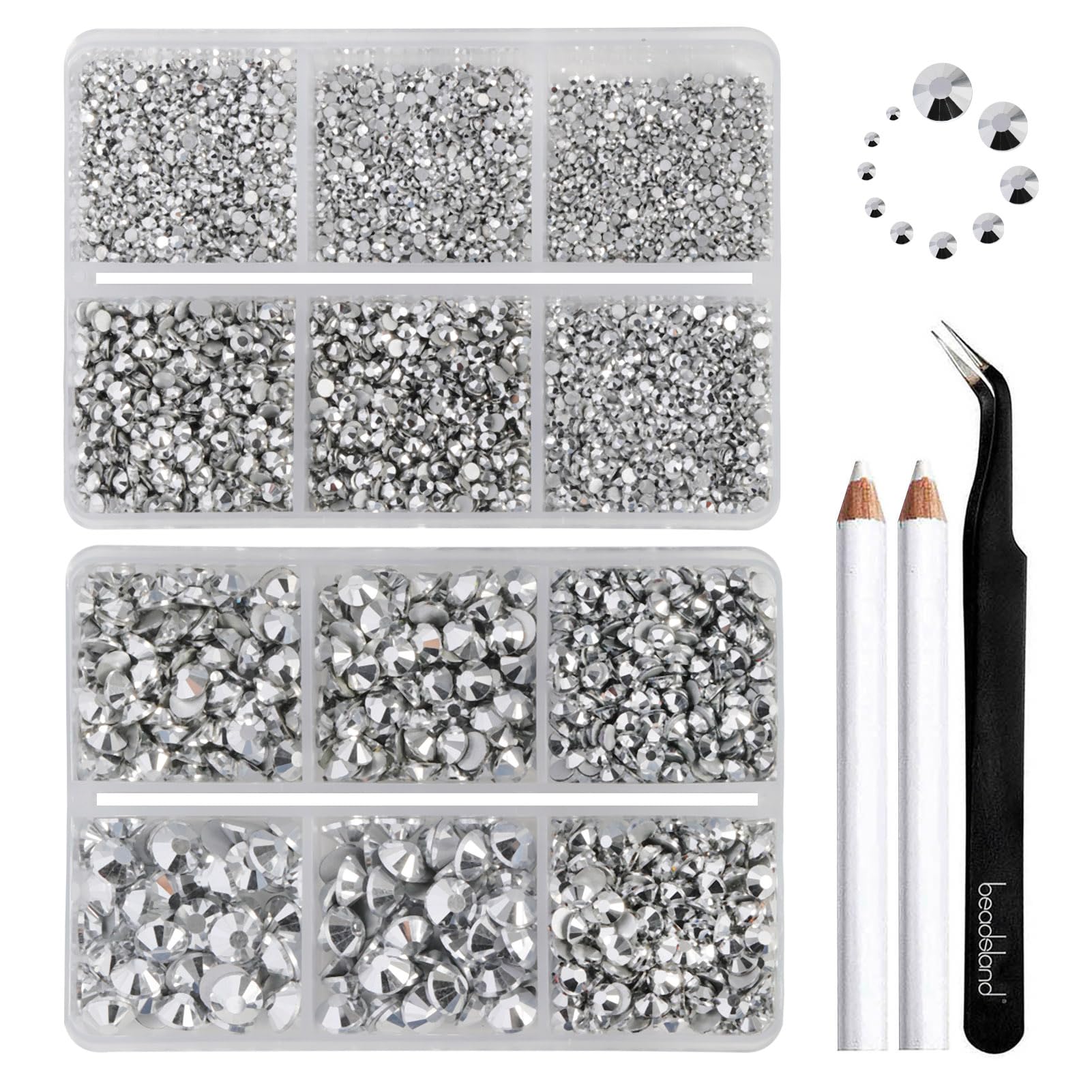Beadsland Flatback Rhinestones, Silver Hematite, 8300pcs Mixed 10 Sizes