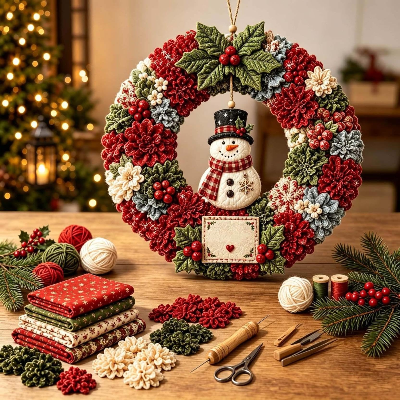 3D Fabric Poke Wreath Diy Kit, Fabric Pokes Art For Adults, Christmas Wreath, Christmas Wreath Diy Kit For Adults, 3D Fabrics Poke Art Craft Kit, Holiday Wreath Making Kit & Door Decor，Snowman — image 1