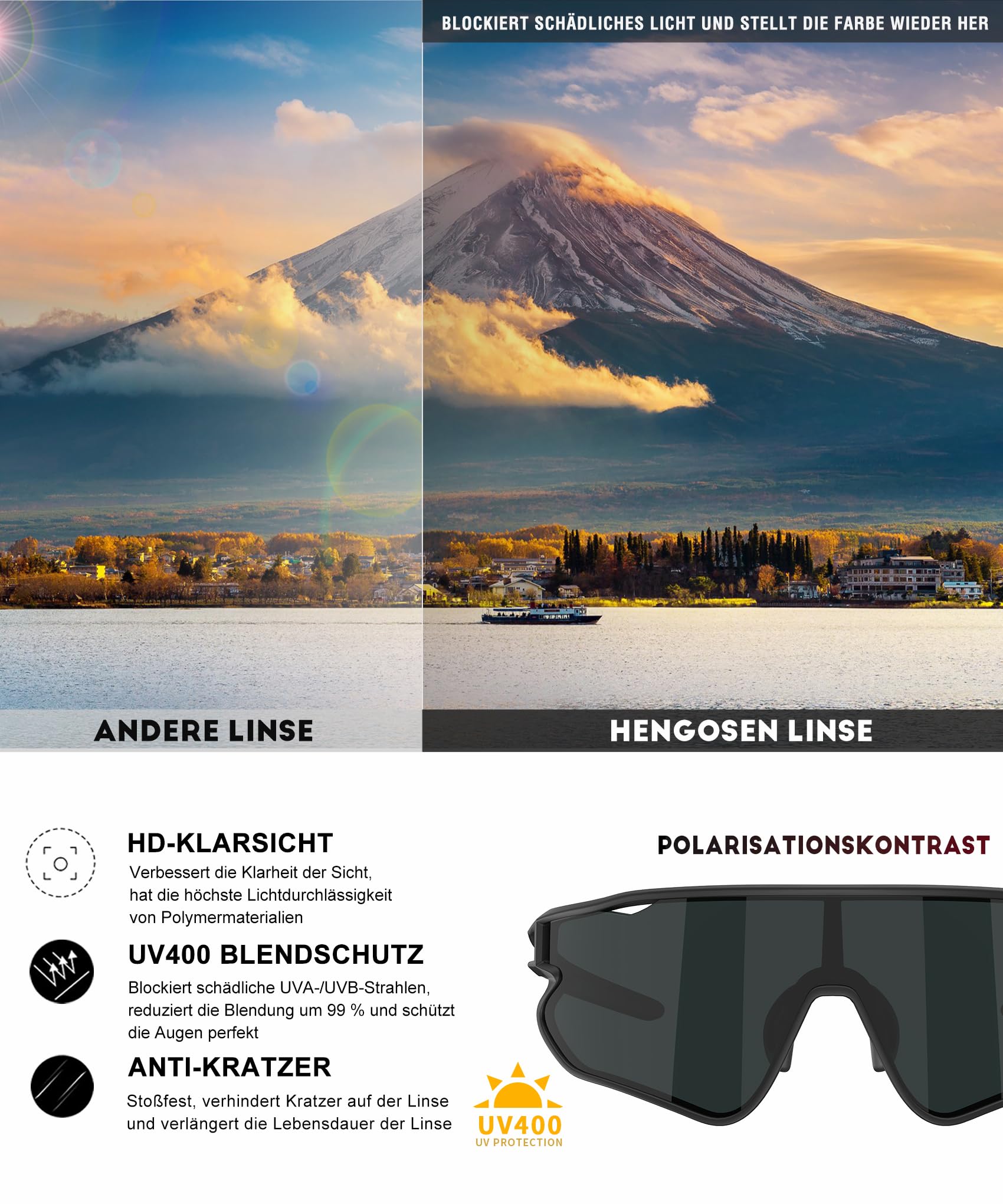 HENGOSEN Sport-Sonnenbrille Polarisiert-Sonnenbrille Herren-Damen Fahrradbrille: Sportarten Radfahren Laufen UV400 Schutz