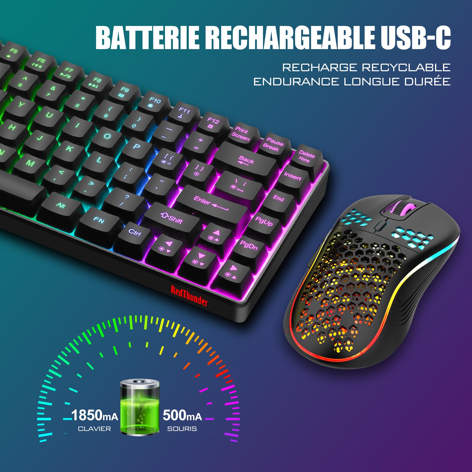 RedThunder K84 Combo Tastiera e Mouse USB Wireless Gamer, AZERTY Francese, Batteria Ricaricabile RGB Retroilluminata, Tastiera TKL al 75% e Mouse Ottico Leggero a Nido d'ape 3200 DPI (nero)