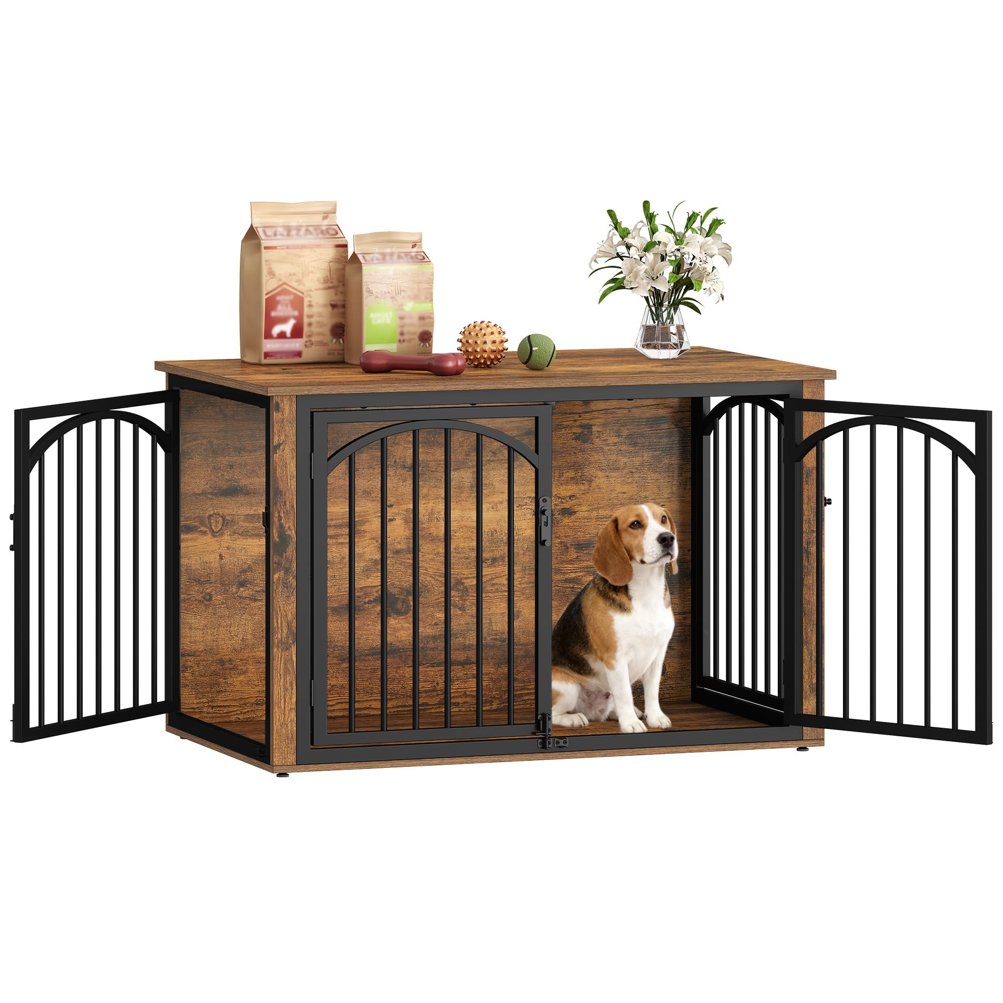 Hundekäfig Möbel, 100cm Hundebox für Zuhause mit 4 Türen, Moderne Hundebox Holz, Beistelltisch, für Mittelgroße bis Große Hunde, Hundekäfig Indoor, 100 x 60 x 63 cm, Vintagebraun und Schwarz