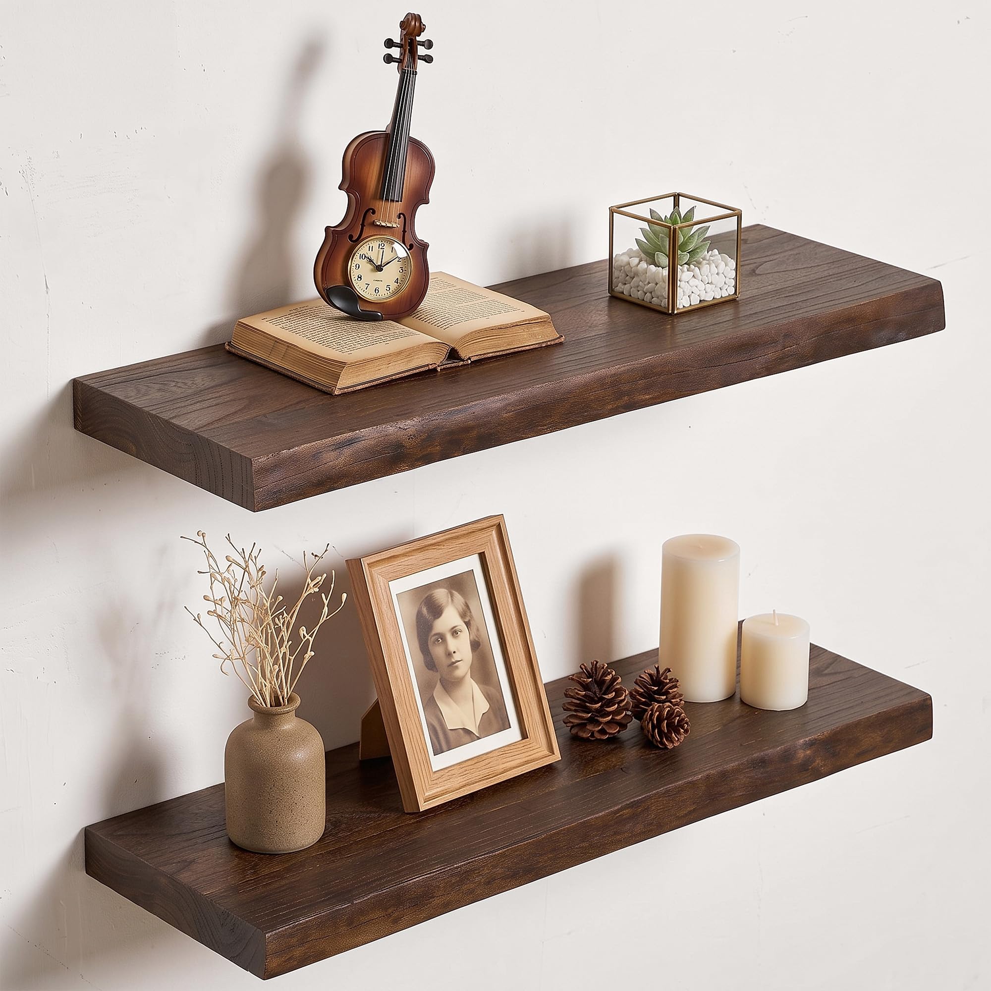 Vivelove Wood Floating Shelves Live Edge 24” Set of 2, Dark Walnut