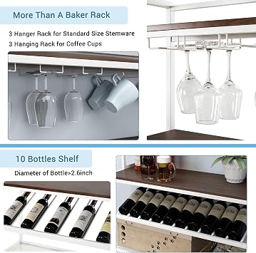 6-Tier Kitchen Bakers Rack Wine Rack Kitchen Storage Shelf Rack, Freestanding Bar Wine Rack Table with Glass &Cup Holders, Microwave Stand with Hutch, Easy Assembly (Dark Brown Top + White Tube)