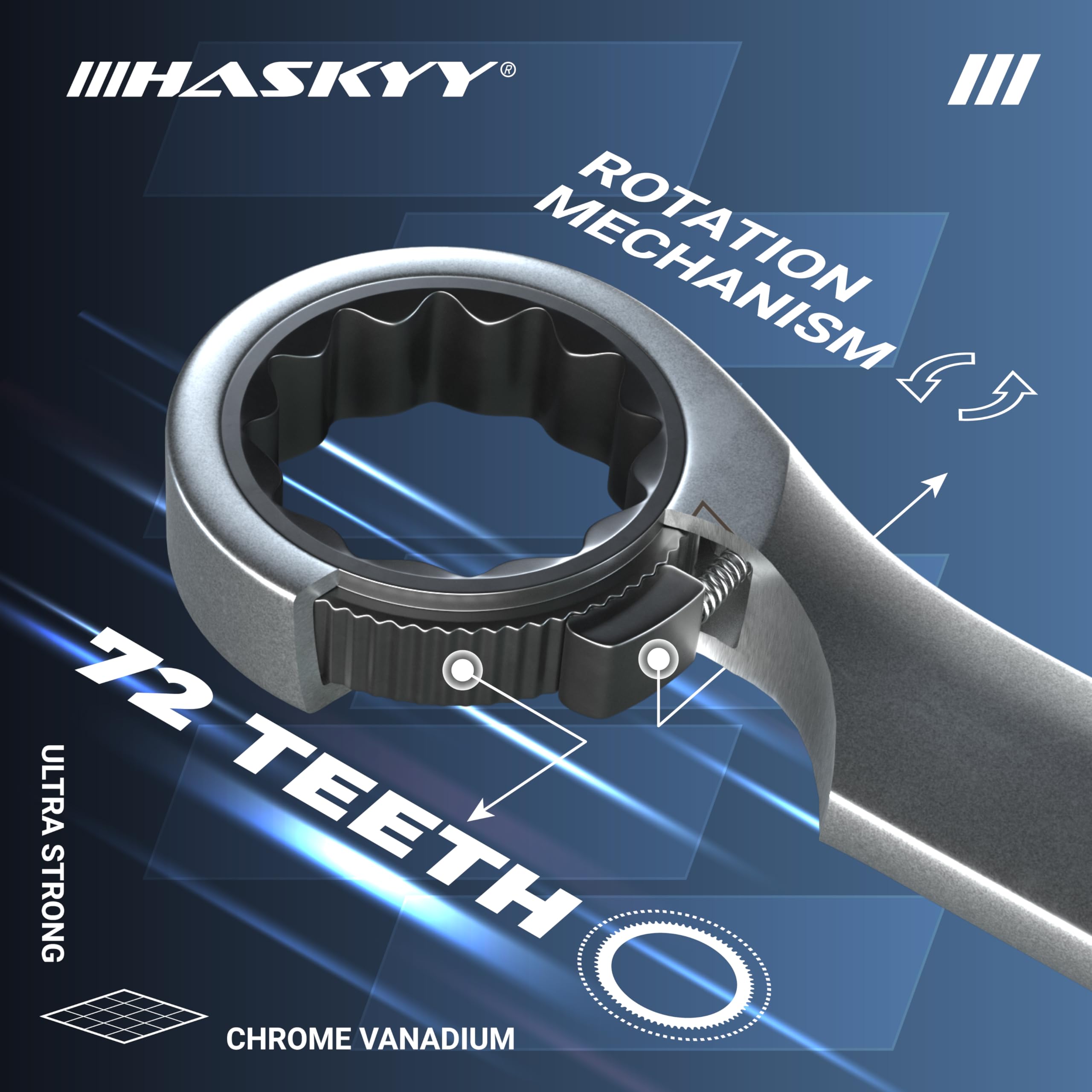 HASKYY Jeu de 6 clés à cliquet doubles 8 x 9 I 10 x 11 I 12 x 13 I 14 x 15 I 16 x 17 I 18 x 19 dans étui système 8-19 mm Jeu de clés polygonales plates