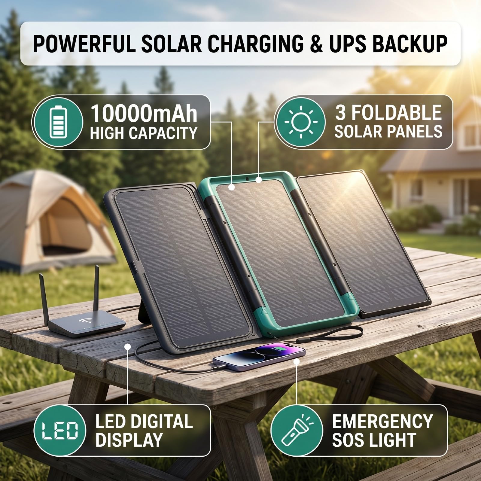 Focket Solar Power Bank, capacità 10000mAh 3 Pannelli Solari Pieghevoli