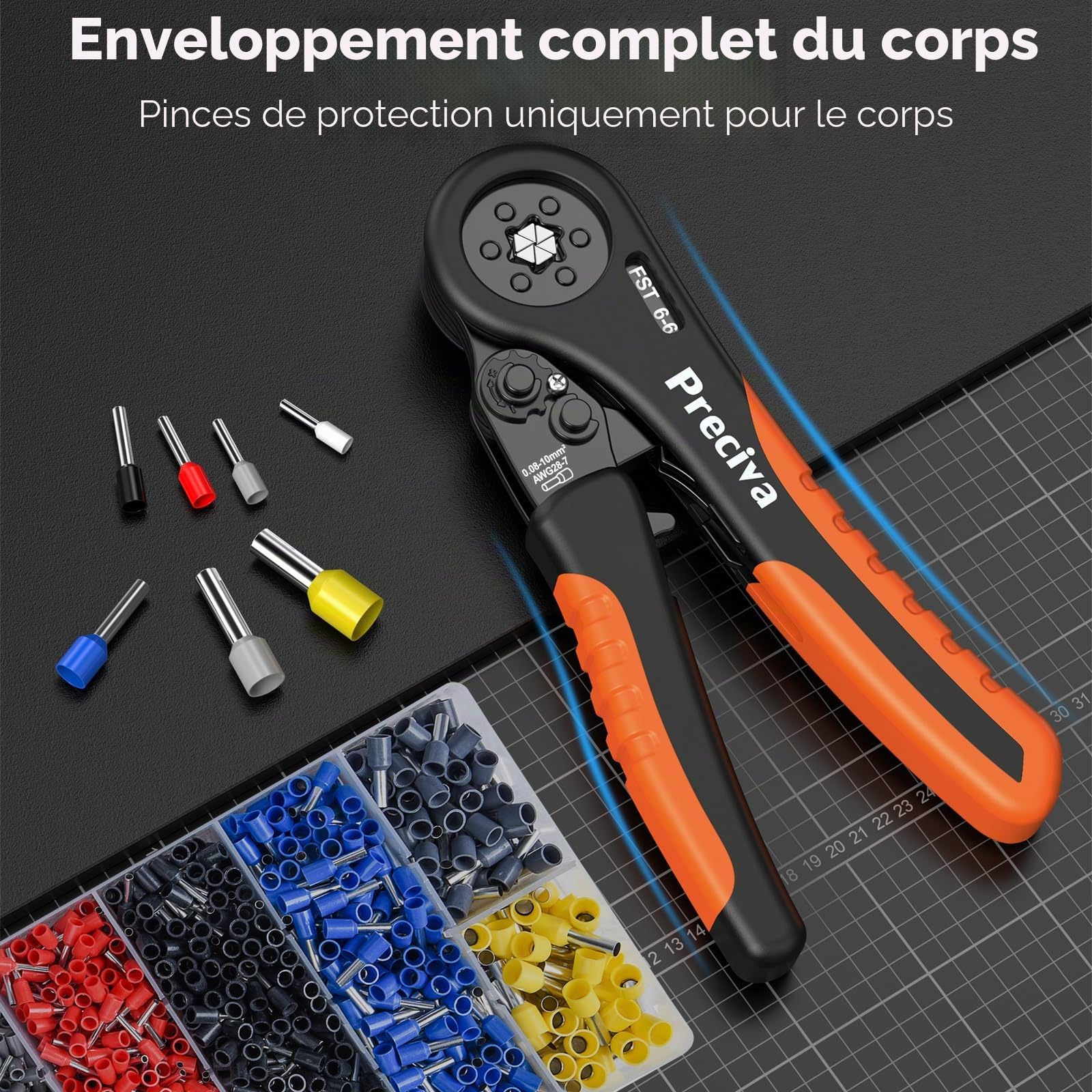 0.08-10mm² Pince a Sertir, Preciva Pince à Sertir avec 2000PCS Cosse Electrique, Pince à Sertir à Cliquet Réglable, B Type Pince a Sertir Cosse Electrique Kit D'outils de Sertissage