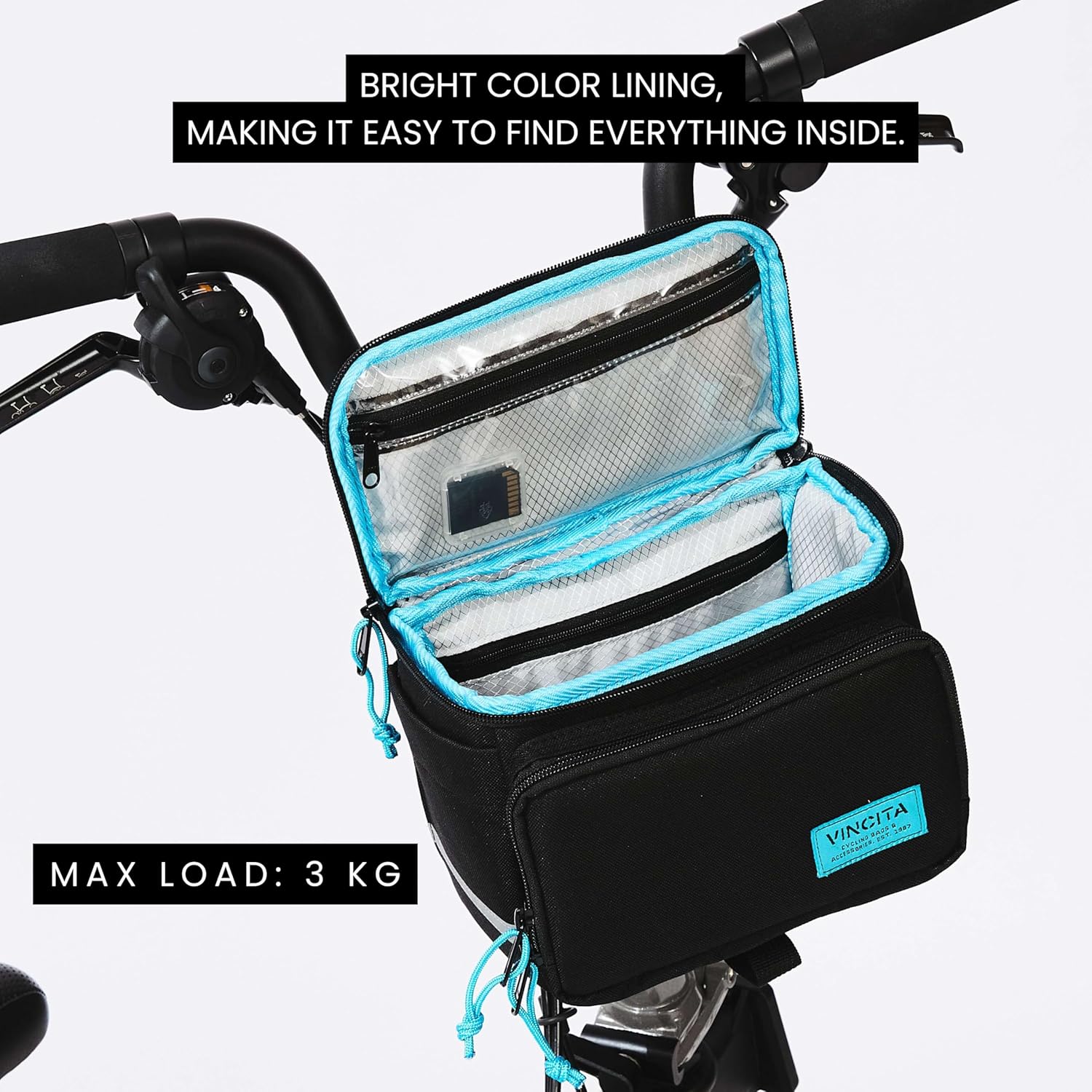 Vincita Candid S Stem Bag for Folding Bikes – Compact 2.8L Handlebar Pouch with KLICKfix Quick-Release Mount – Magnetic Easy-Access Handle – Green – Fits 15-60mm Stems (Brompton, Dahon, Tern)