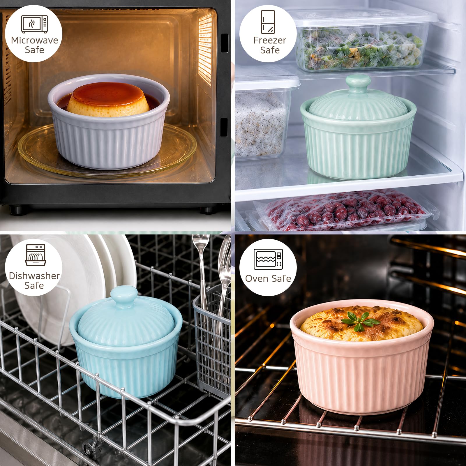 Meltset - Ramequines de 5.5 onzas con tapas, cuencos de cerámica aptos para horno, platos de porcelana para hornear soufflé, crema brulee, pastel de lava, postres de helado, aperitivos (juego de 5)