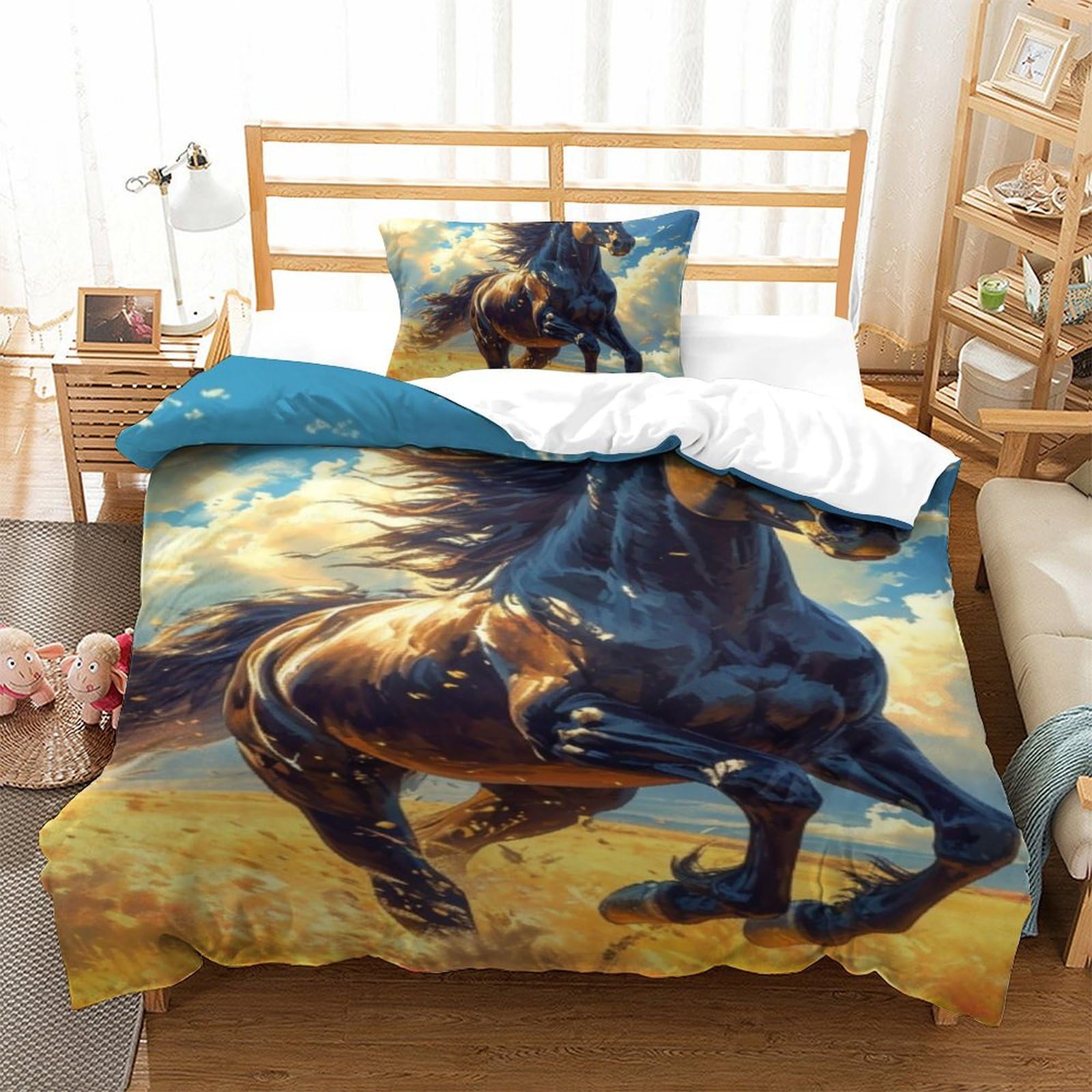 Housse de couette cheval vintage respirante et parure de lit 3 pièces lit simple 135x200 cm