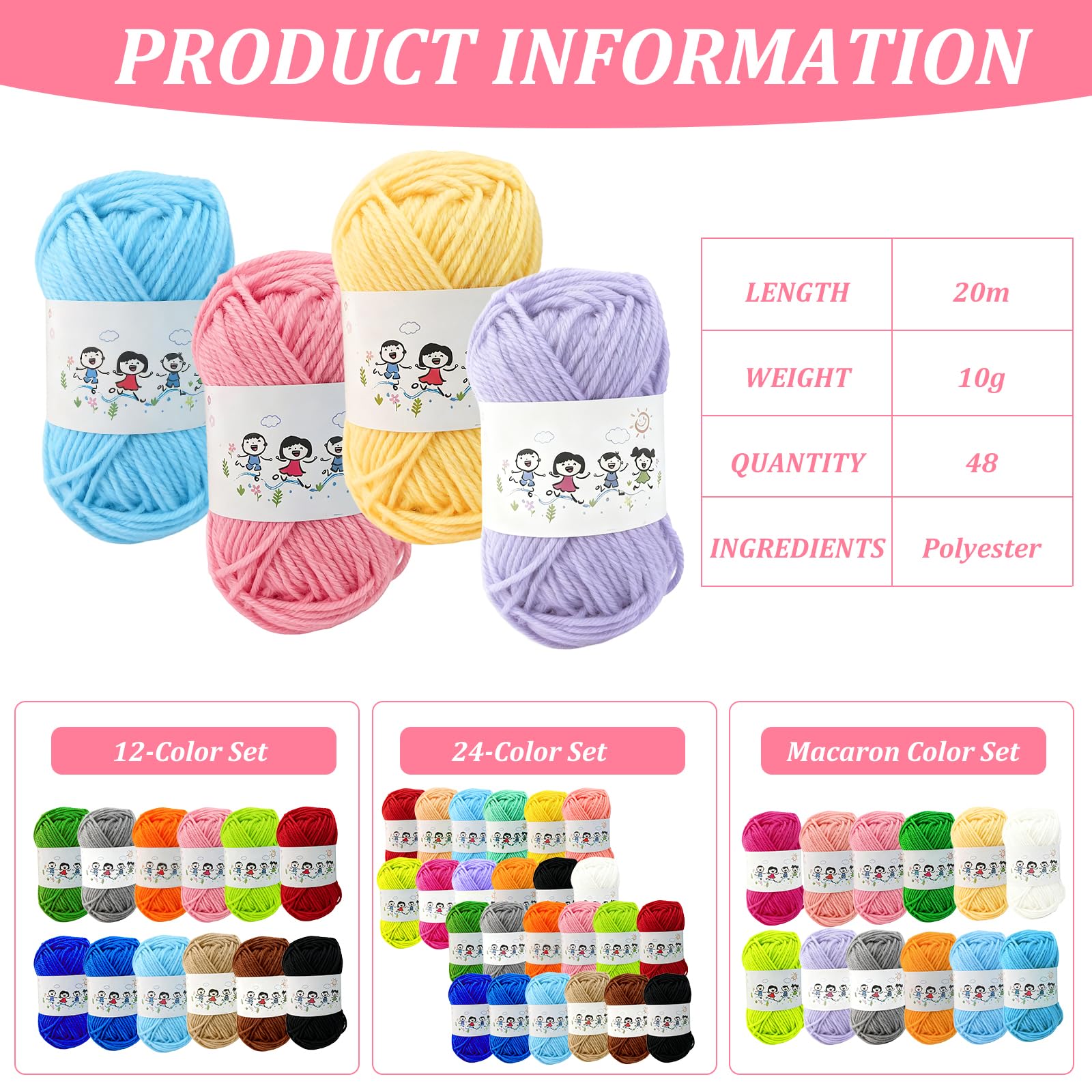 48 sztuk kolorowych włóczek do Amigurumi, 10 g/20 m, wełna do szydełkowania, dla początkujących, wielokolorowa, szydełkowania i majsterkowania