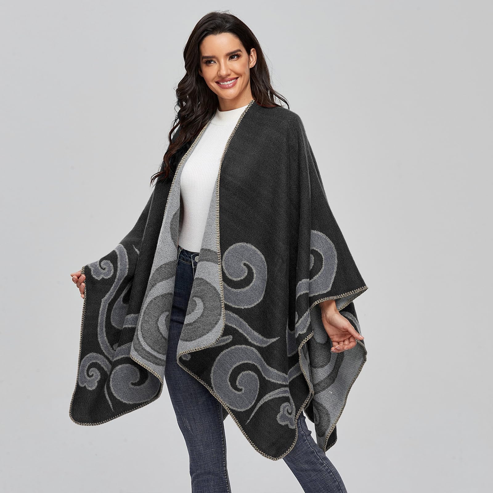 LumiSyne Invernale Scialle in Cashmere per Donna Poncho Cape Lavorato a Maglia Stile Etnico retrò Cardigan Maglione Aperto Scialle Coperta Spessa Caldo Pashmina Sciarpa Grande Poncho Mantella Stola