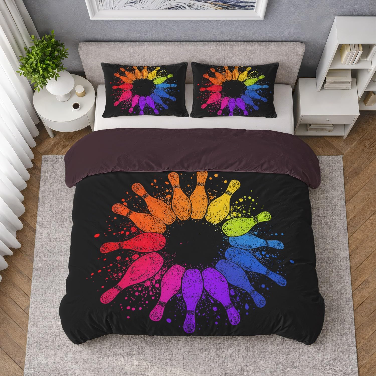 Generisch 3-częściowy komplet pościeli 220 x 240 cm, sportowy stożek do kręgli dla młodych dorosłych, miękka poszewka z mikrofibry z zamkiem błyskawicznym, przyjazna dla skóry, artystyczna, czarna