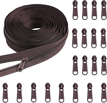 YAKA 5 Yards Bulk Zippers 5# Nylon Coil Zippers for Sewing Coffee Nylon Coil Zipper with 20pcs Zipper Sliders Repair Kit for Jackets Luggage Backpack DIY Sewing Tailor Craft Bags and Clothing