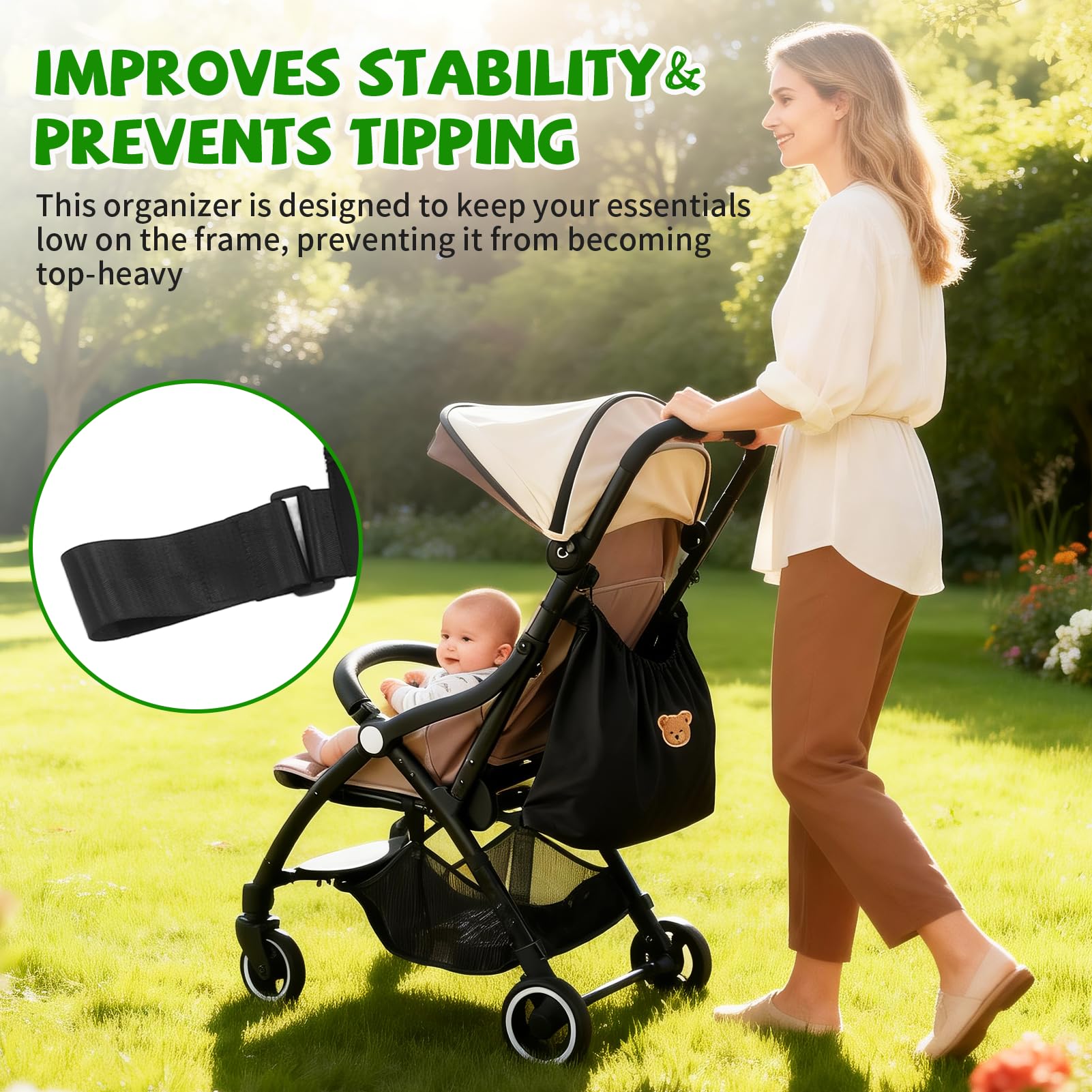 Organizer per borsa per passeggino Borsa per pannolini per bambini riutilizzabile Modello di orso carino Organizzatore universale per passeggino per mamma che allatta Viaggio all'asilo(Nero)