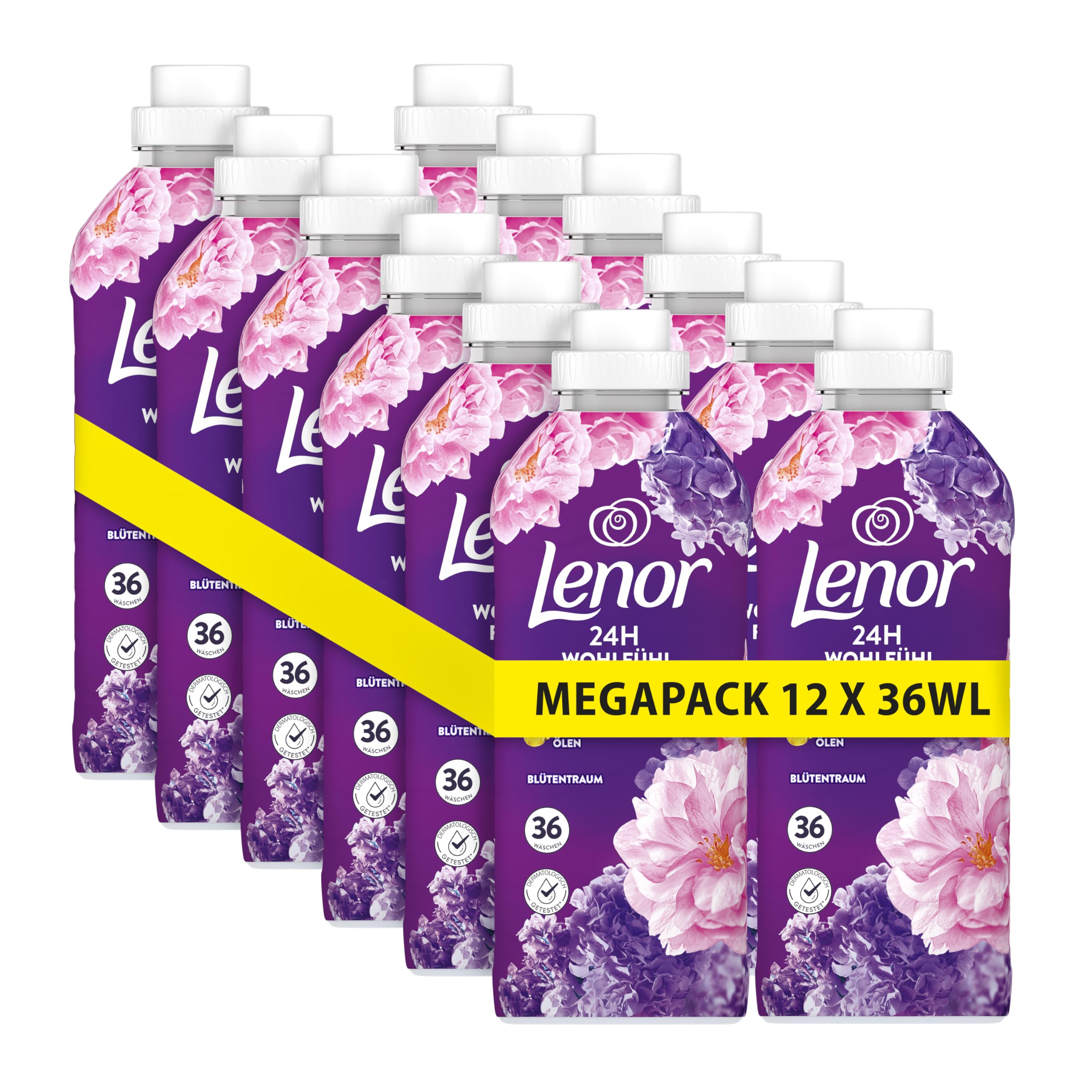 Lenor Suavizante para 36 lavados, sueño de flores, 24 horas de frescor para el bienestar, con una nota de aceites esenciales (12 x 36 WL)