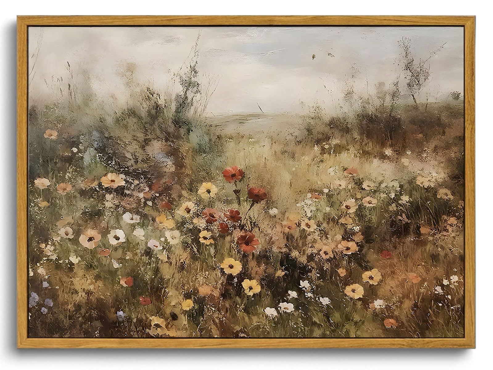 OIQArtOIQ Vintage Wildflowers Landscape Wall Art Framed Floral Natural Scenery Oil Painting Canvas Prints Country Farmhouse Fall Decor Pictures Kitchen Bedroom Living Room Bathroom