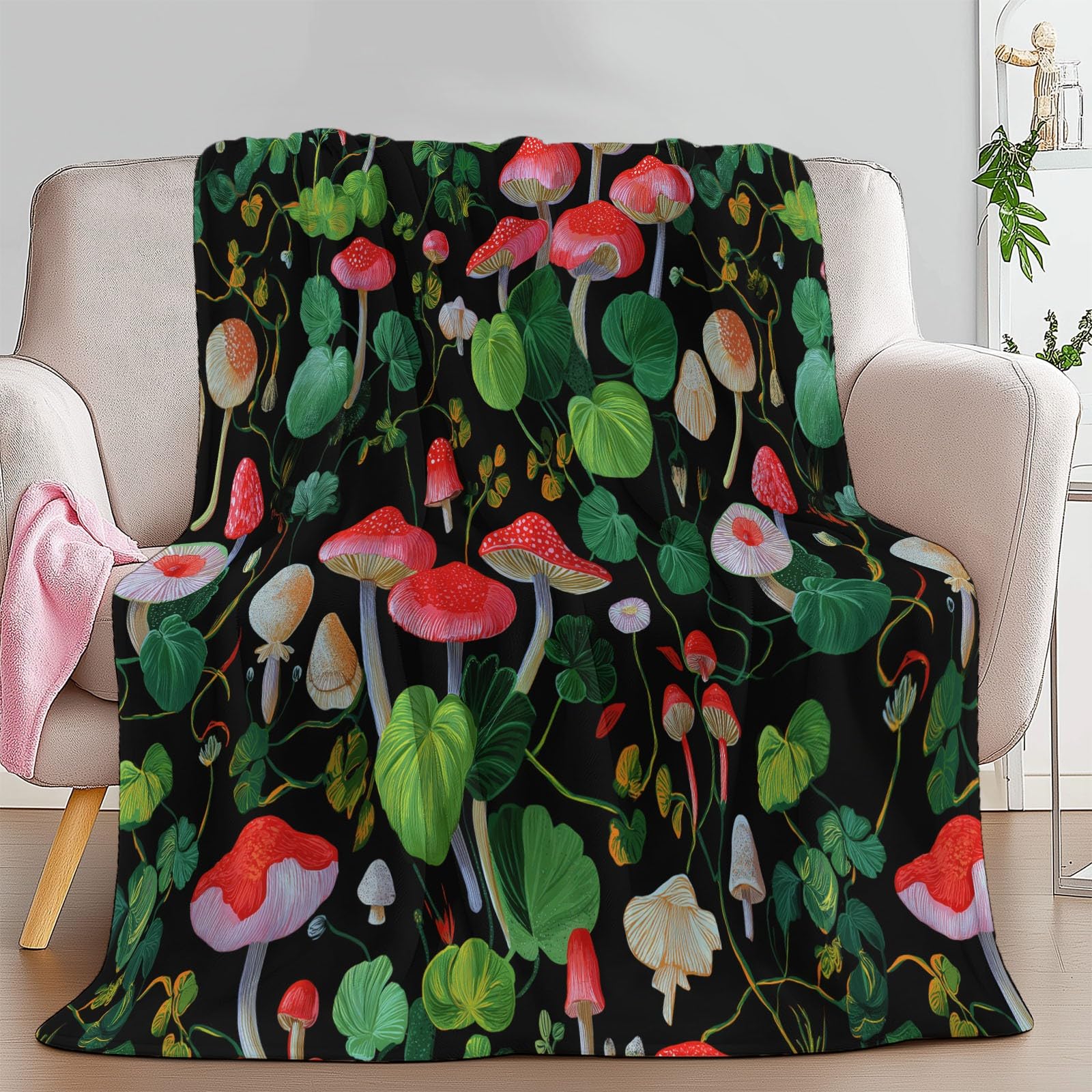 Generico Koc w kratę z polaru rośliny grzybów akwarelowy 180 x 220 cm przytulny gruby ciepły koc flanelowy miękki koc polarowy do łóżka kanapy krzesło, wszystkie pory roku