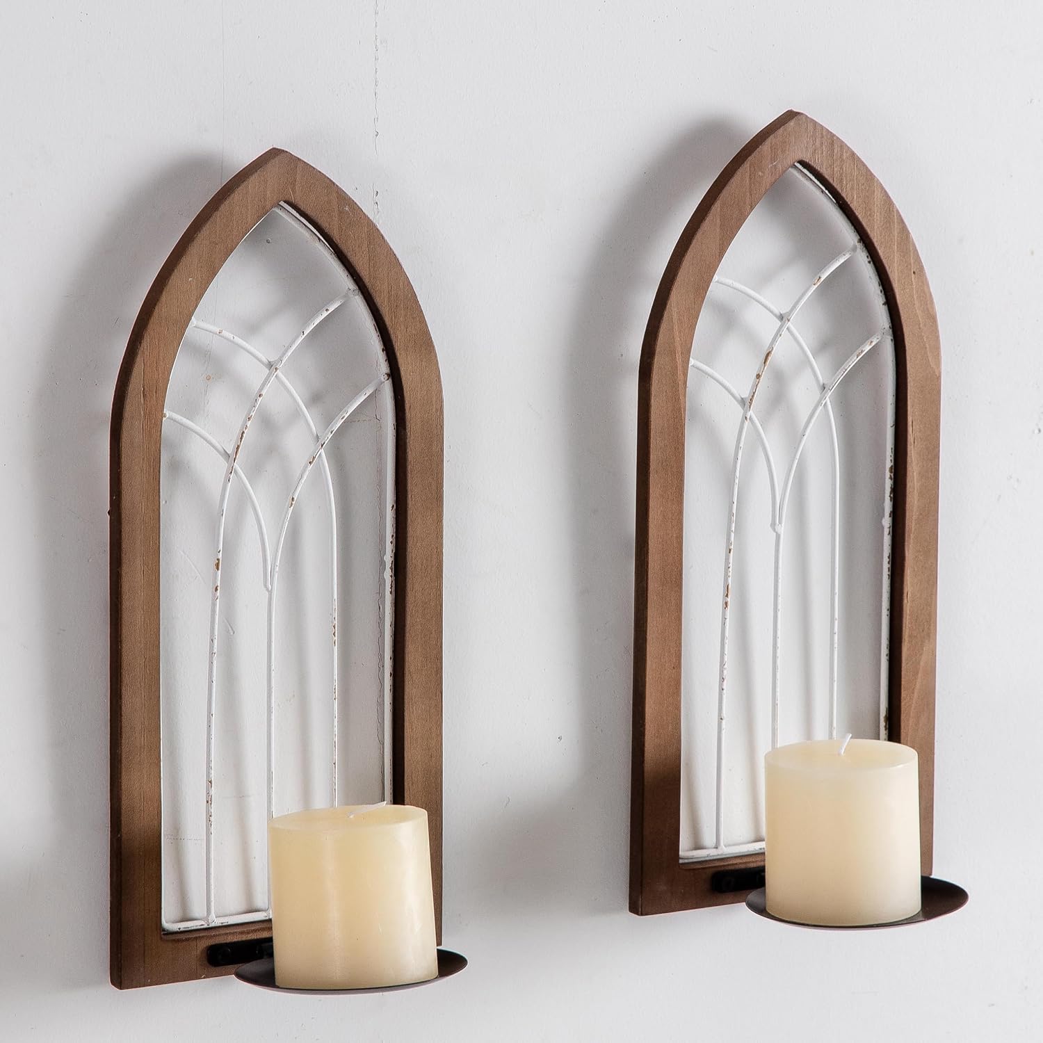 SOFE Farmhouse Wall Candle Holder, Rustic Candle Sconces Set of Two Arch Cathedral Window Decor, Wall Mounted Pillar Candle Holders for Living Room, Bedroom, Hallway, Brown