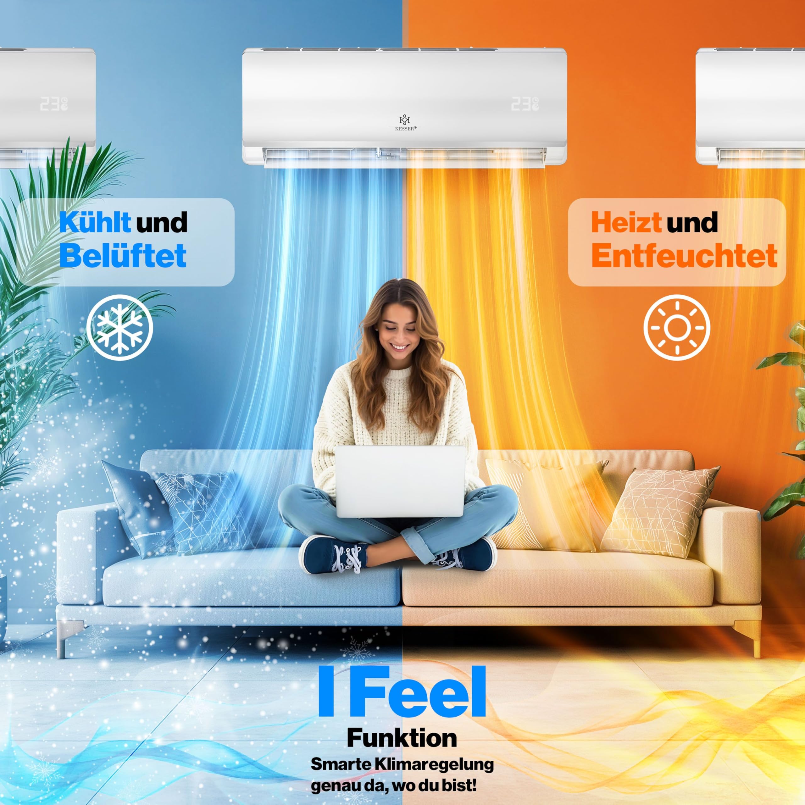 KESSER® Multisplit klimatyzator typu split, 3 urządzenia wewnętrzne, 27000 BTU, zestaw klimatyzacji typu split z WiFi / aplikacją, ogrzewanie i chłodzenie, inwerter, tryb ekologiczny, osuszacz
