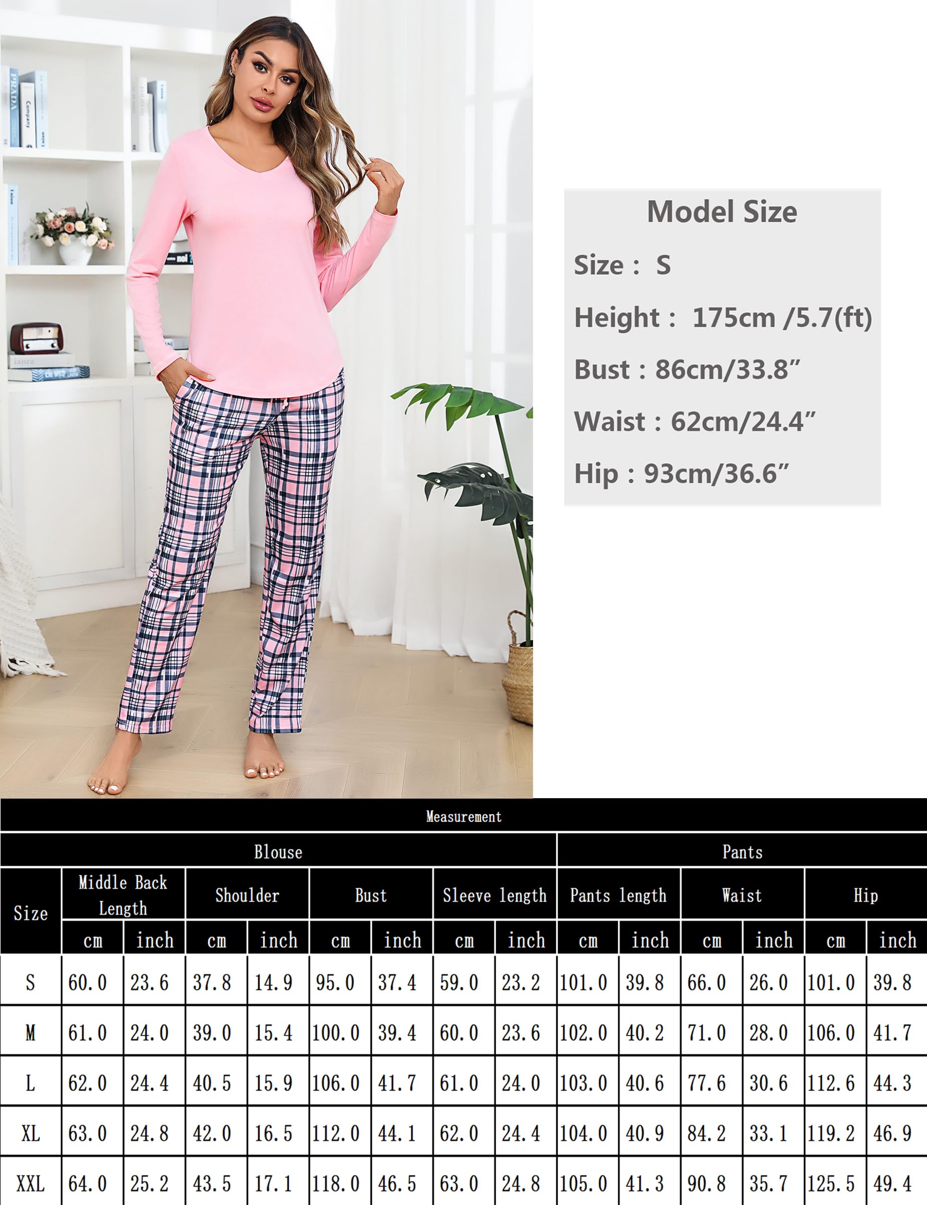 Litherday Pijama Mujer Invierno Algodón Suave Conjunto Manga Larga Cuello en V Pantalón Cuadros con Bolsillos y Cordón Cómodo Talla Grande S-XXL