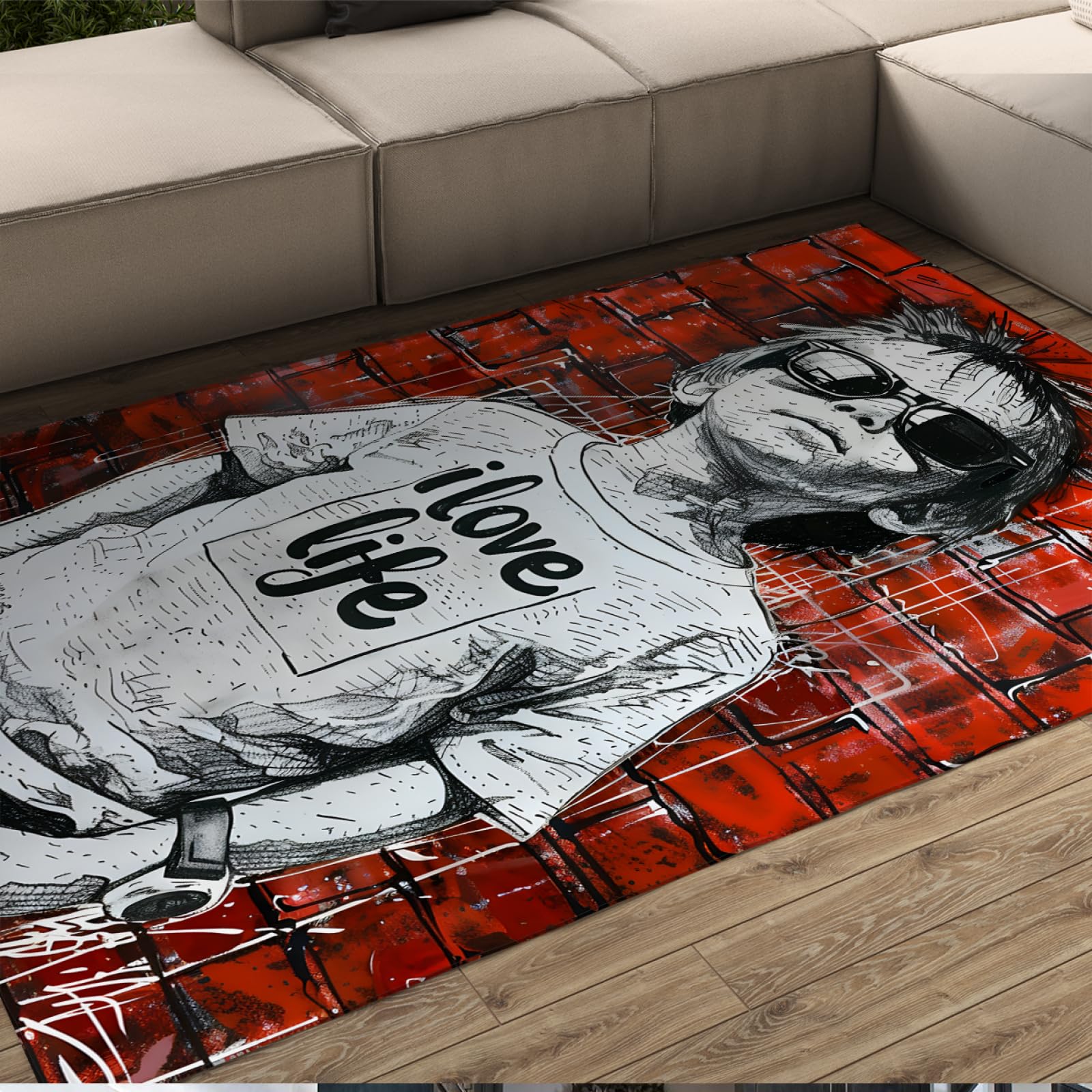 Tapis style rétro graffiti Banksy lavable avec motif mur brique rouge