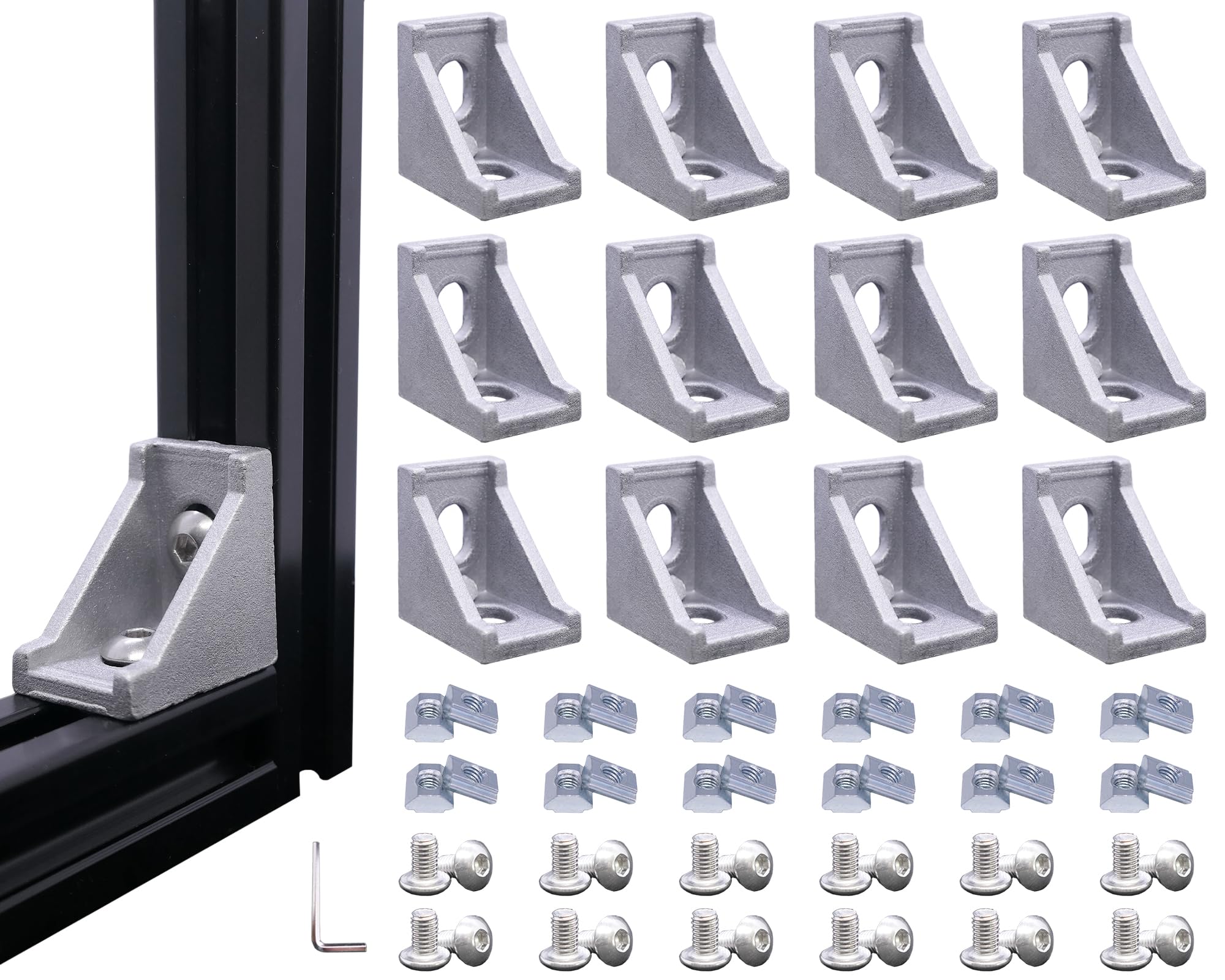 12 Sets 2020 Aluminum Extrusion Connectors,12pcs 2020 Series Corner Brackets,with 24pcs Sliding T Nuts and Screws, for Aluminum Extrusion Profile Slot 6mm