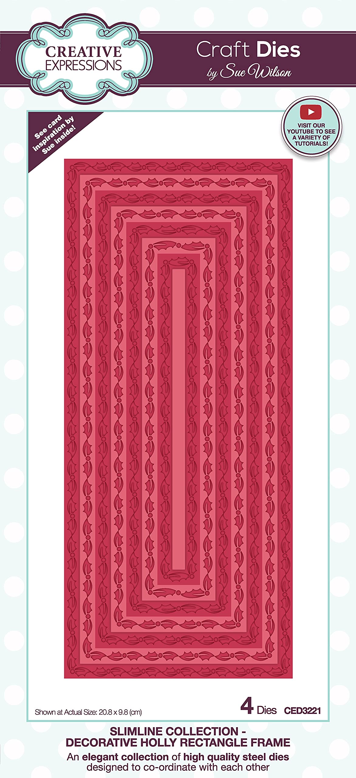Creative Expressions Sue Wilson-Slimline Decorative Holly Rectangle Frame-Craft Die, Metal, Size 20.8 x 9.8 cm, CED3221