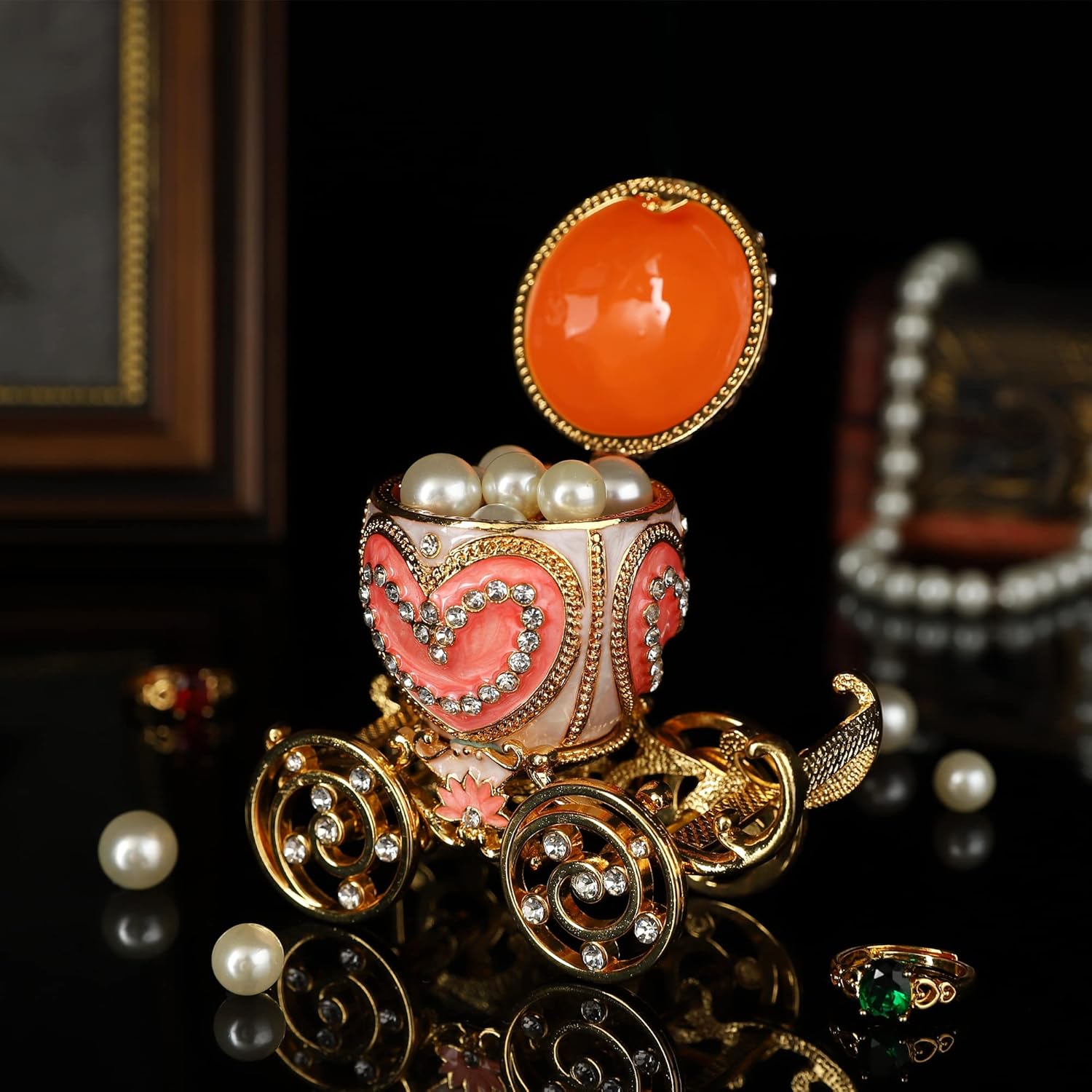 QIFU Hand Painted Pink Royal Carriage Figurine Enamel Trinket Box Hinged, Unique Gift for Family - Image 2