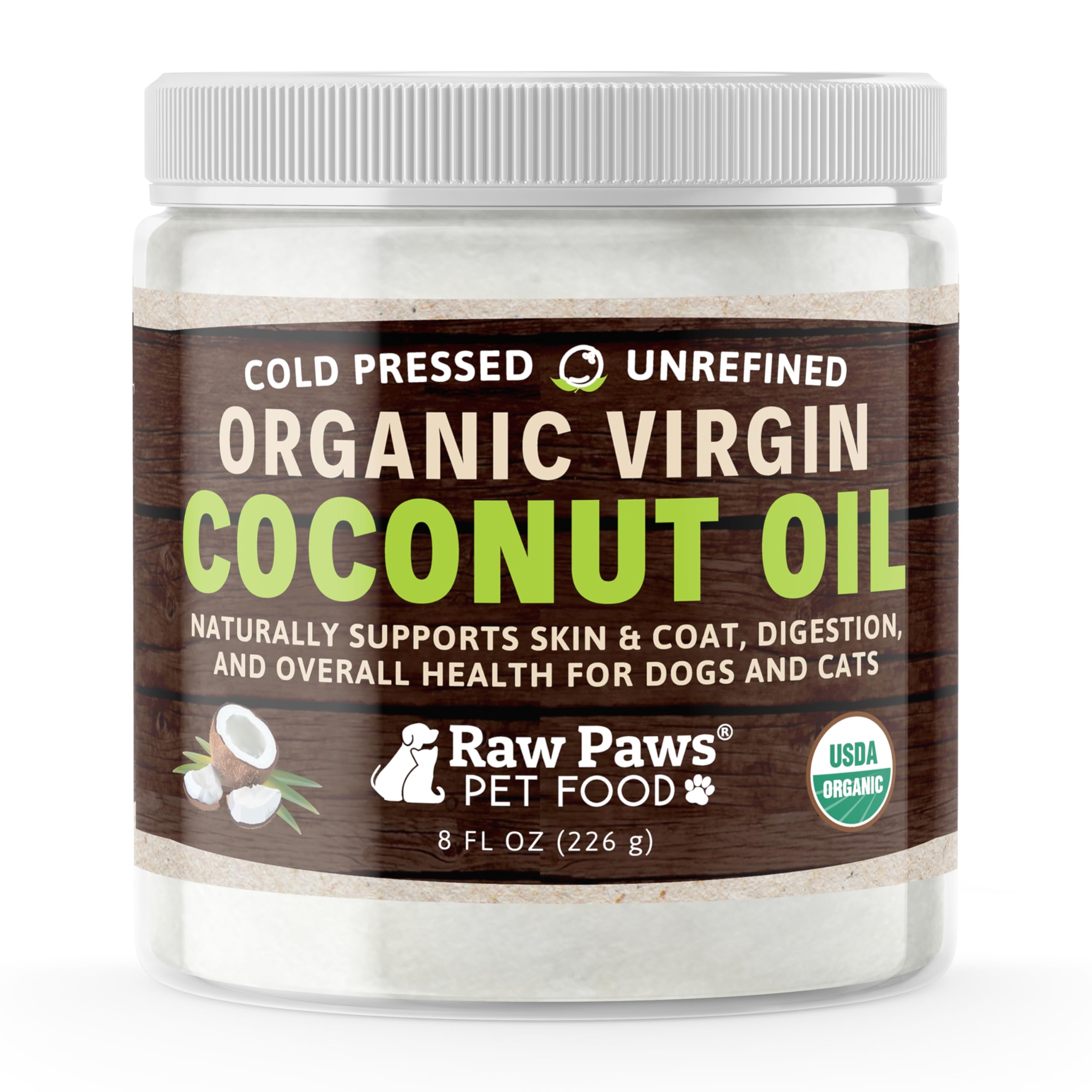 Raw Paws Organic Virgin Coconut Oil for Dogs & Cats, 8-oz - Supports Immune System, Digestion, Oral Health, Thyroid - All Natural Allergy Relief for Dogs - Hairball Relief