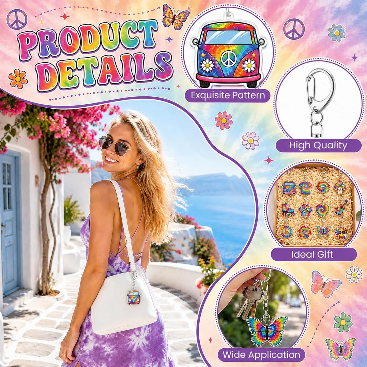 12 Pcs Tie Dye Keychains Bulk Groovy Hippie Party Favors Acrylic Rainbow Keyrings Cute Aesthetic Backpack Charms Retro Goodie Bag Stuffers Birthday Gifts Supplies for Kids Girls image 2