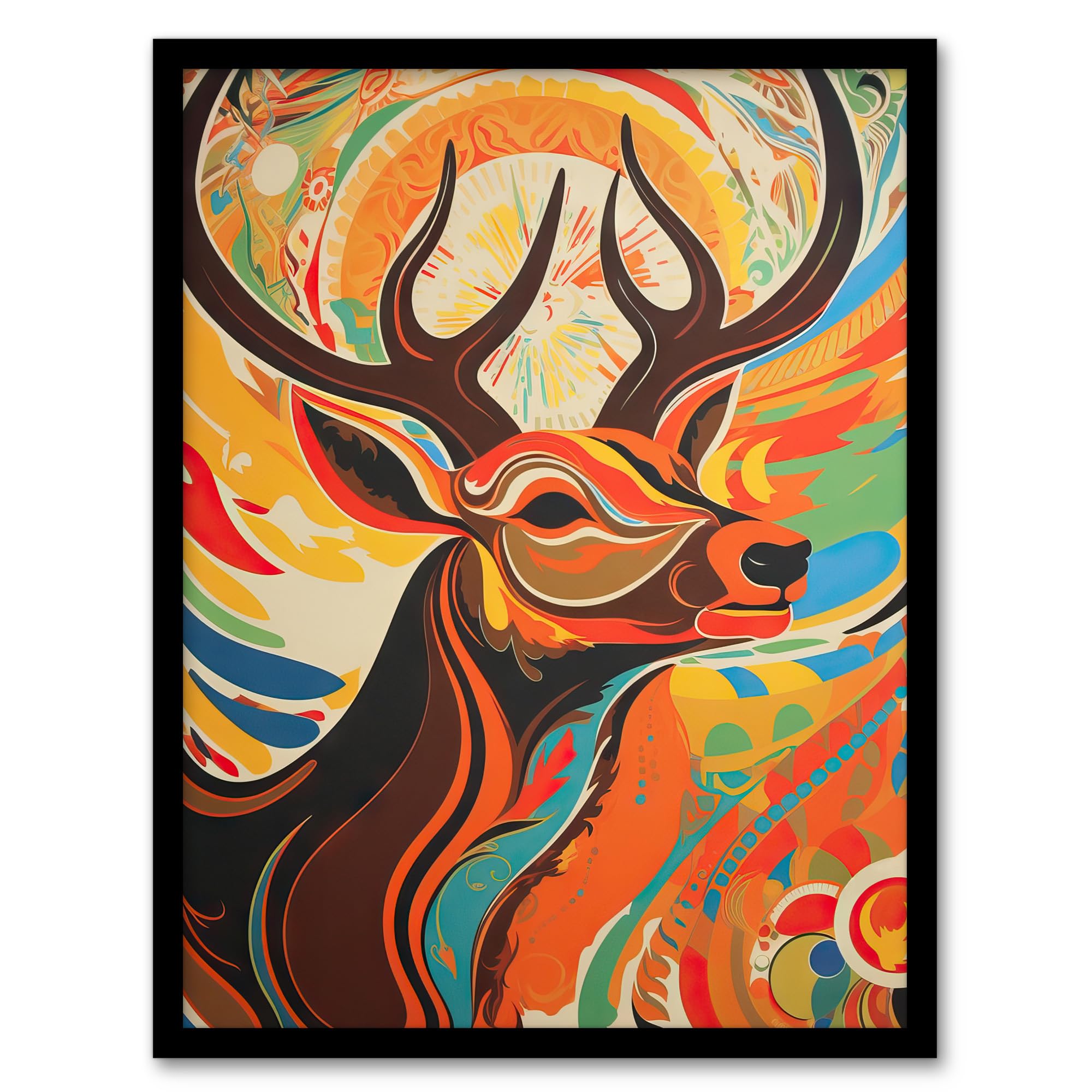 Artery8 Abstract Majestic Stag Autumn Hues Sunrise Reindeer Head Portrait Vibrant Bold Bright Colourful Painting Artwork Framed Wall Art Print A4