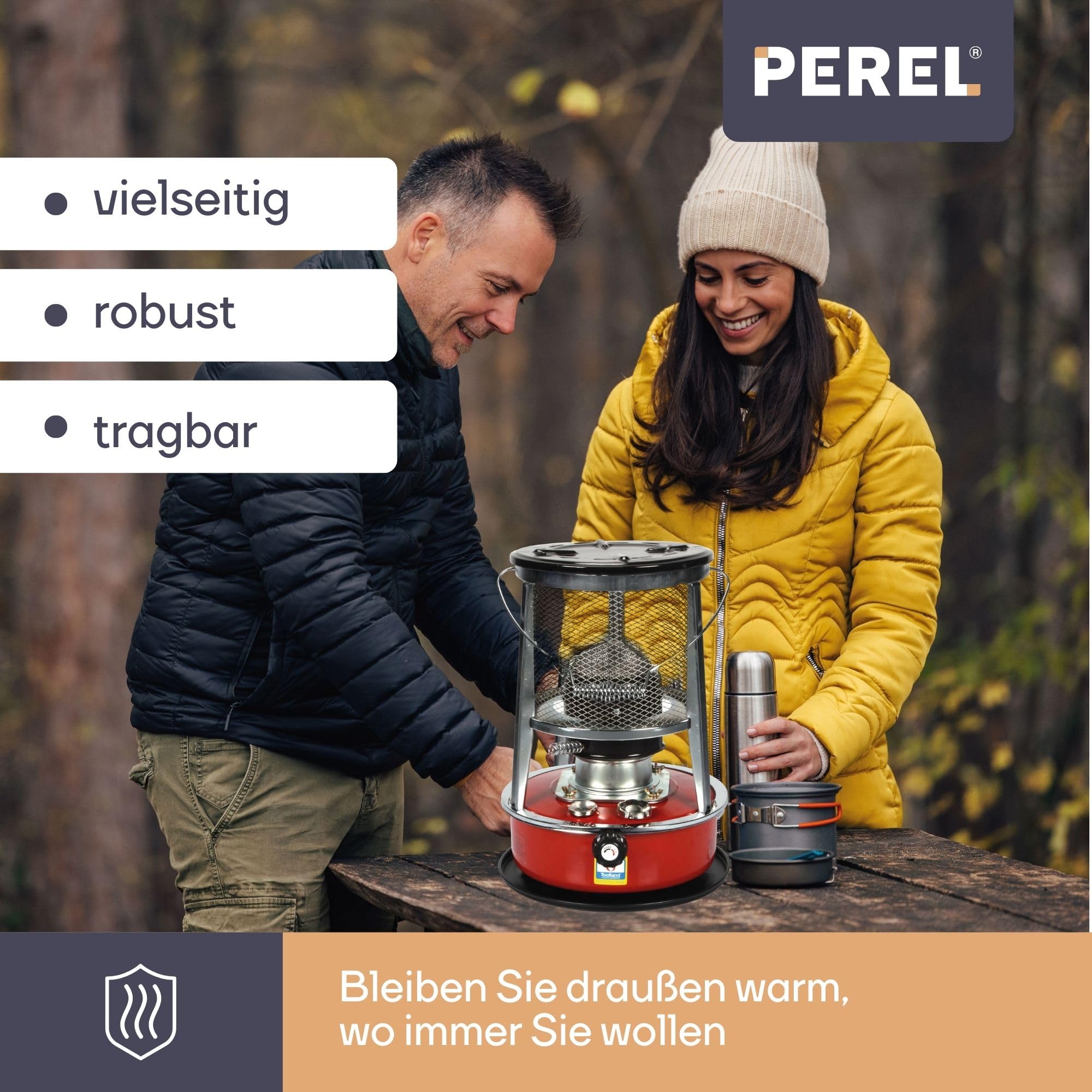 Perel Mobiles Petroleumheizgerät 2600W, tragbarer Kerosinofen für außen und Camping, Docht-Heizung, 4,6L Tank, 18 Stunden Laufzeit, stromlose Notheizung, energiesparende Outdoor-Heizung