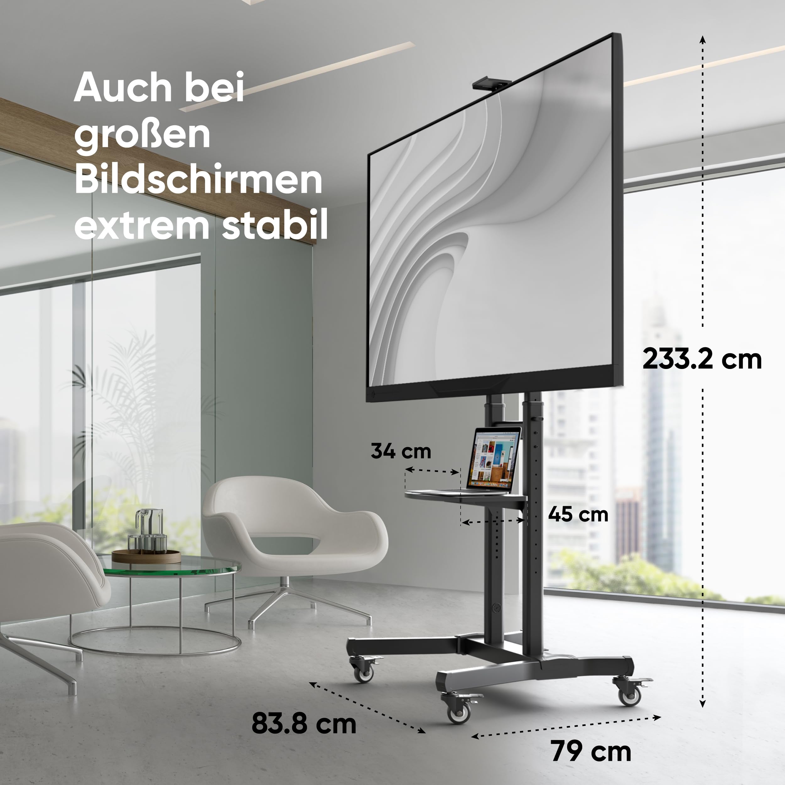 ONKRON TV Ständer rollbar für 50-90 Zoll Fernseher, max Last 100 kg, TV Standfuss höhenverstellbar neigbar, Fernseh Rollwagen max VESA 800x600, Fernsehständer mit Rollen, Ablage Schwarz TS1891-B