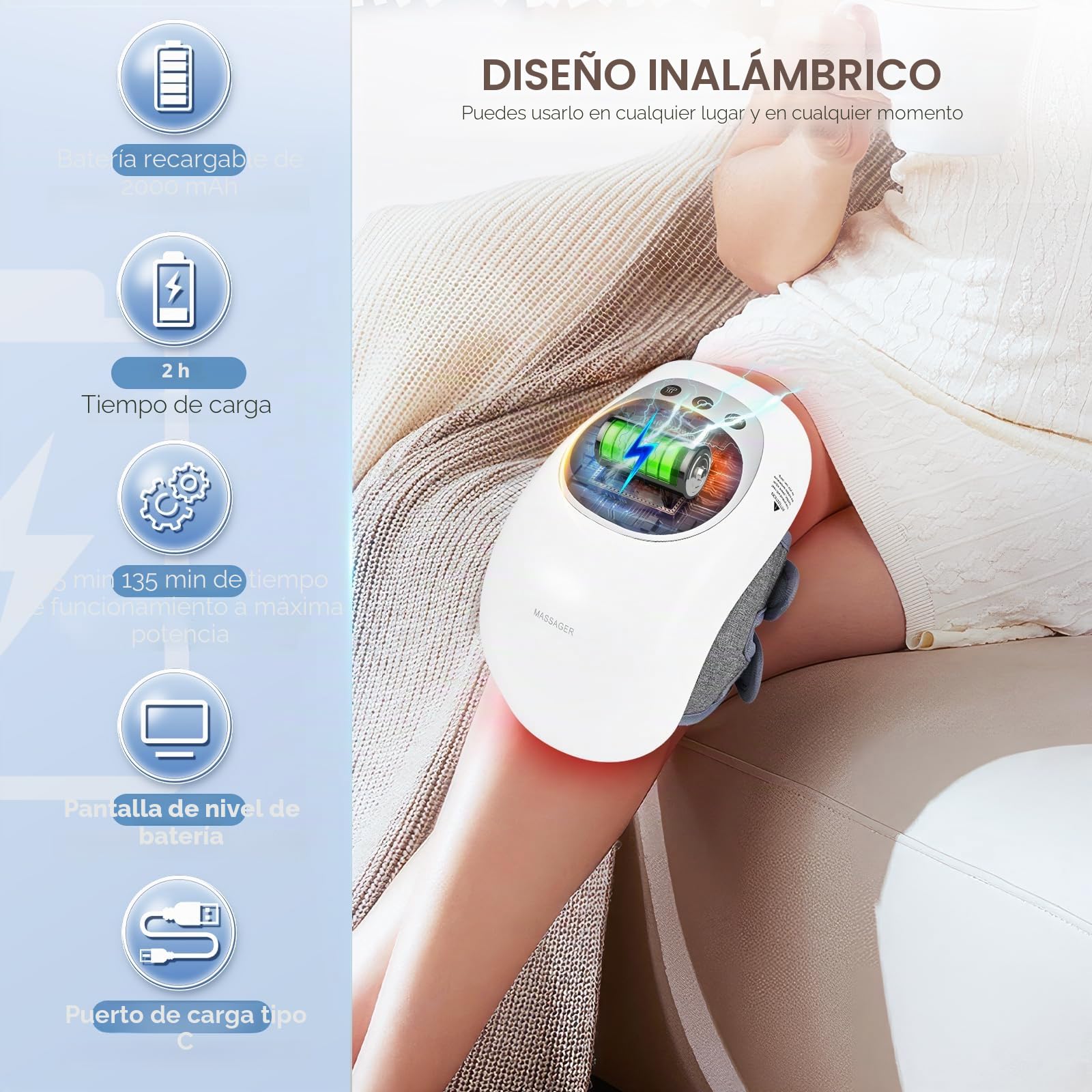 Masajeador de Rodillas Inalámbrico con Calor Rojo, Banda Ajustable 40 cm, USB Tipo-C