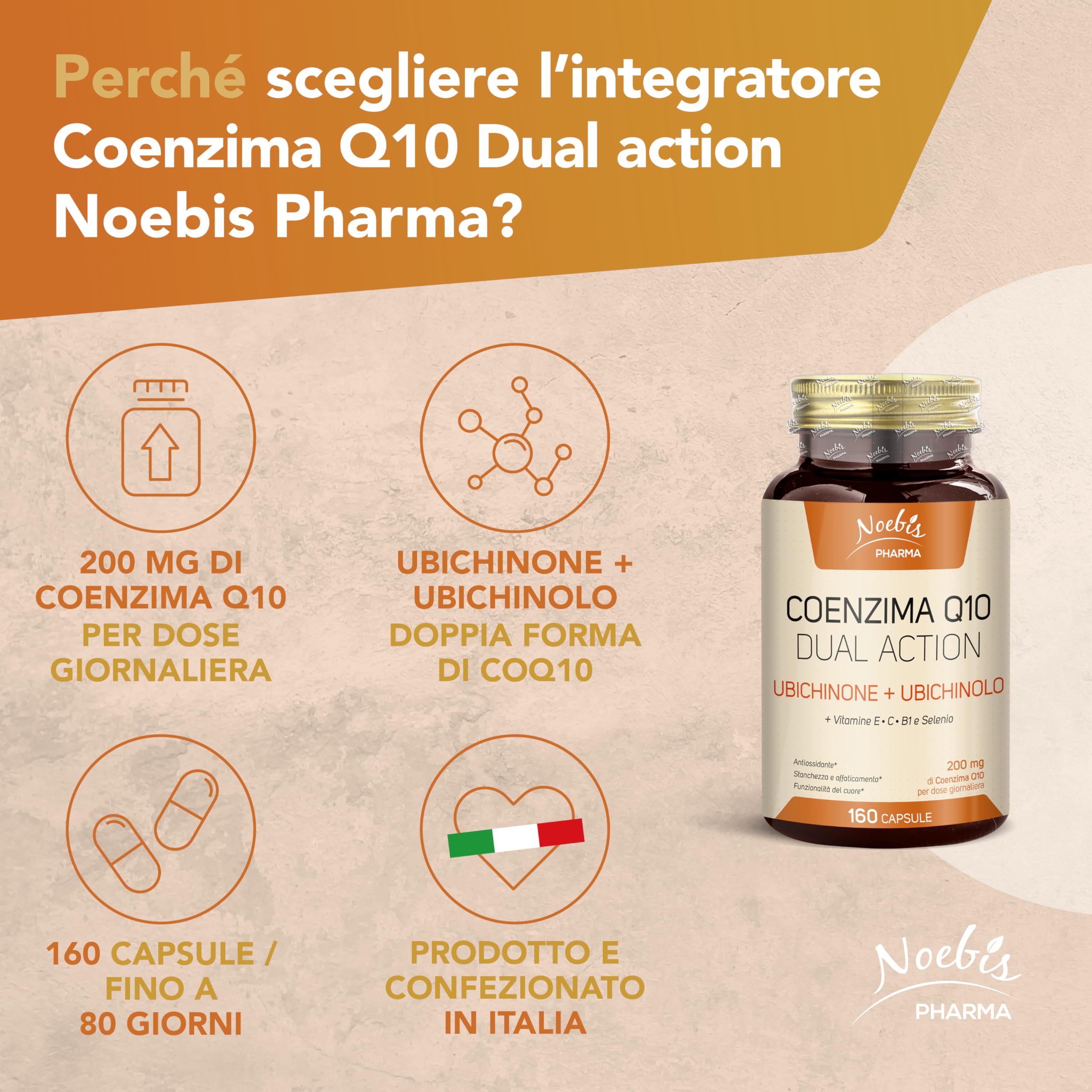 Noebis Pharma Coenzima Q10 Dual Action 200 mg per Dose – 960 Capsule (6 x 160) con Ubichinone e Ubichinolo – Confezione Sestupla