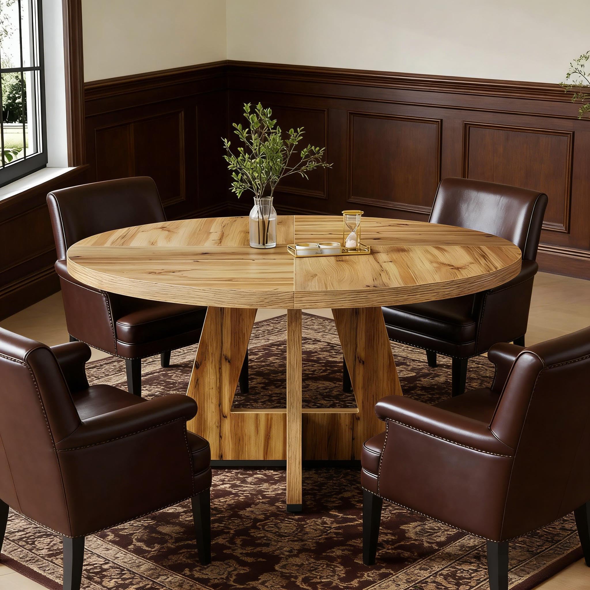 Tavolo da pranzo rotondo 120 cm in stile fattoria, tavolo da cucina in legno, tavolo da pranzo per 4 persone, design rustico, colore naturale