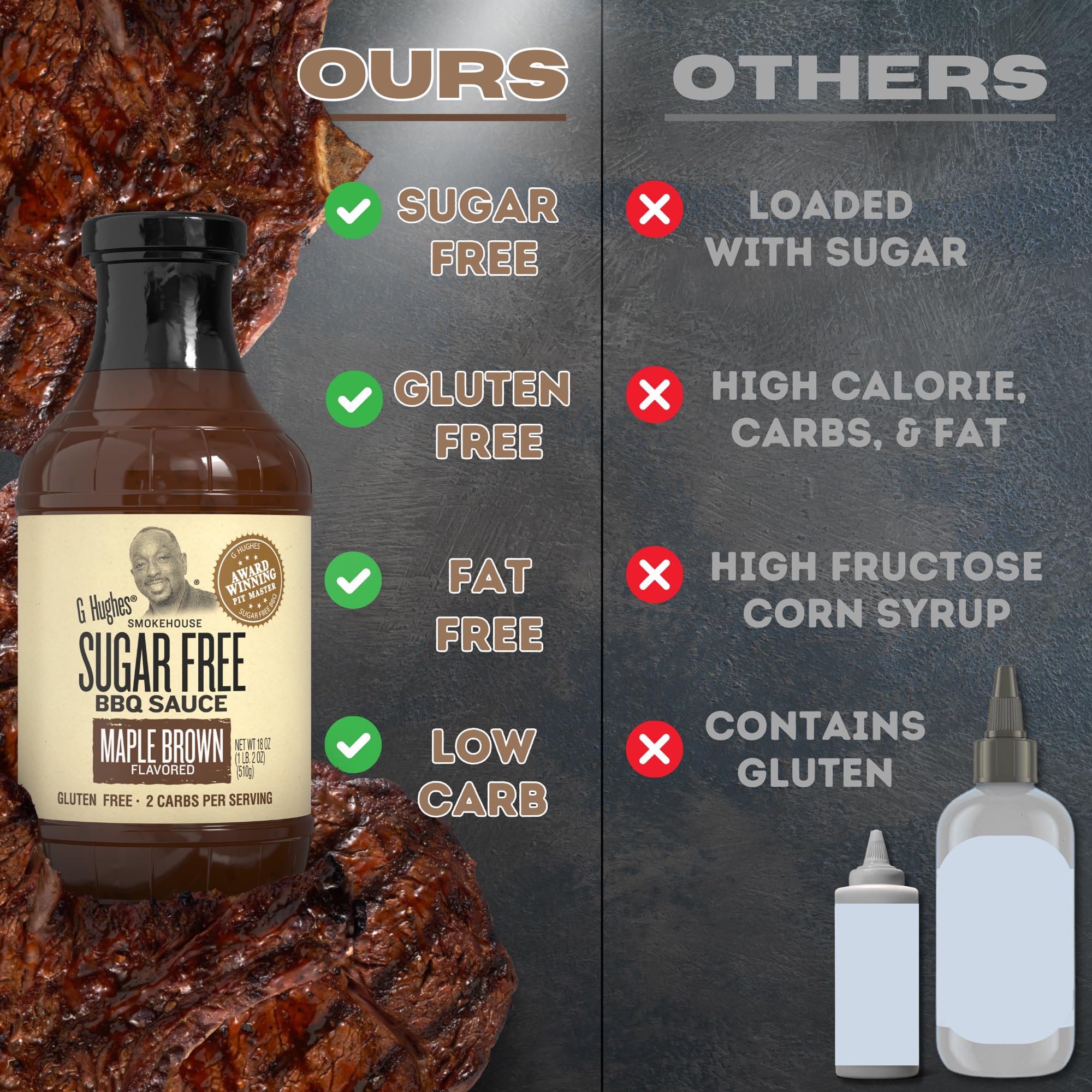G Hughes Smokehouse Sugar Free BBQ Sauce 18oz Glass Bottle (Pack of 3) Select Flavor Below (Maple Brown)