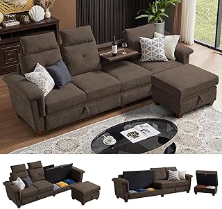 110" Sectional Sofa, Convertible L Shaped Sofa with Ottoman and Large Storage, 4 Seat Sectional Couch with Cup Holder, Couches for Living Room, Apartment, Office (Coffee)